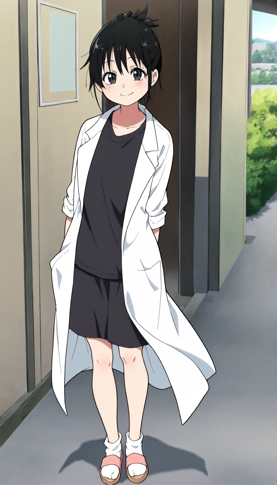 <lora:JD_sayoXLIllustrious001>,
masterpiece,best quality,good quality,newest,
outdoors,day,
smile,
looking at viewer,
solo,
anime coloring,
sayo\(jamidokku!\),1girl,black hair,hair up,black eyes,
lab coat,t-shirt,
black skirt,
ankle_socks,white socks,sandals,
full body,standing,
