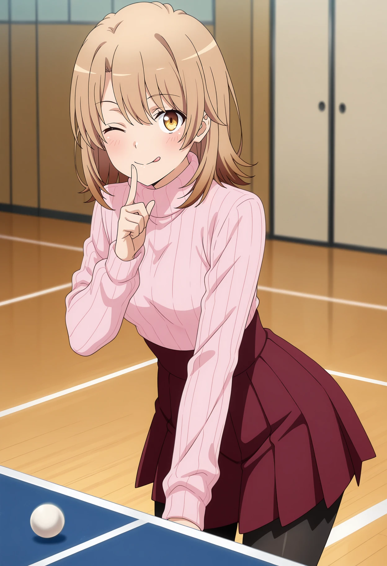 anime screencap, masterpiece, best quality,
<lora:YahariOreNoSeishunLoveComedy_IsshikiIroha_IlluXL:0.9>,
1girl, solo, closed mouth, smile, blush, tongue out, one eye closed,
medium hair, multicolored hair, light brown hair, brown hair, yellow eyes, hair between eyes,
turtleneck sweater, ribbed sweater, pink sweater, long sleeves, high-waist skirt, pleated skirt, red skirt, black pantyhose,
finger to mouth,
cowboy shot, standing, looking at viewer,
indoors, table tennis, blurry background
