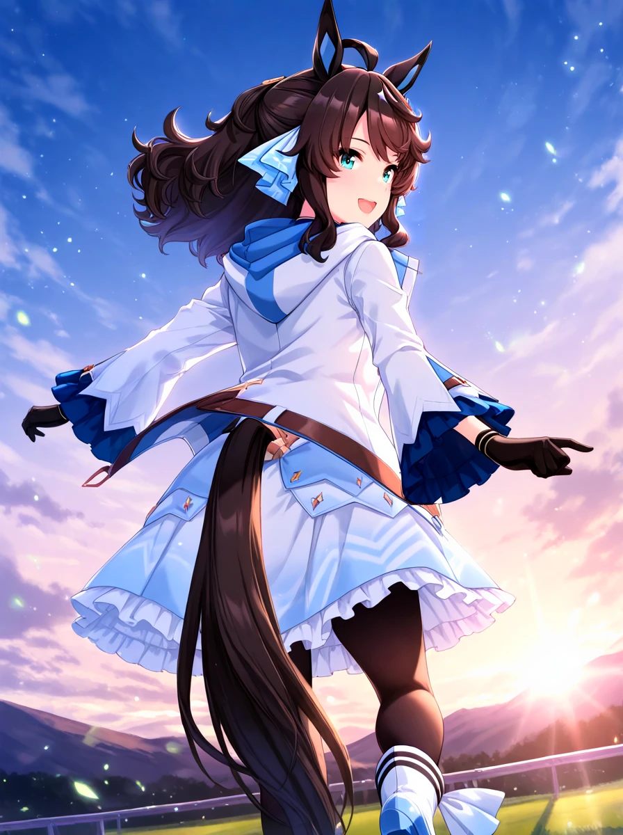 masterpiece, best quality, absurdres,ultra detailed,floating hair,
daring tact\(umamusume\), 1girl, horse ears, horse tail, black gloves, black pantyhose, from behind, white ankle boots, long sleeves,tail through clothes, white hooded jacket, sleeveless white dress, hair ribbon, hair ornament
looking at viewer,
open mouth, big smile,
outdoors,sky, sun, (light particles:1.3),
<lora:ILL_daring_tact_ver1.0:0.85>