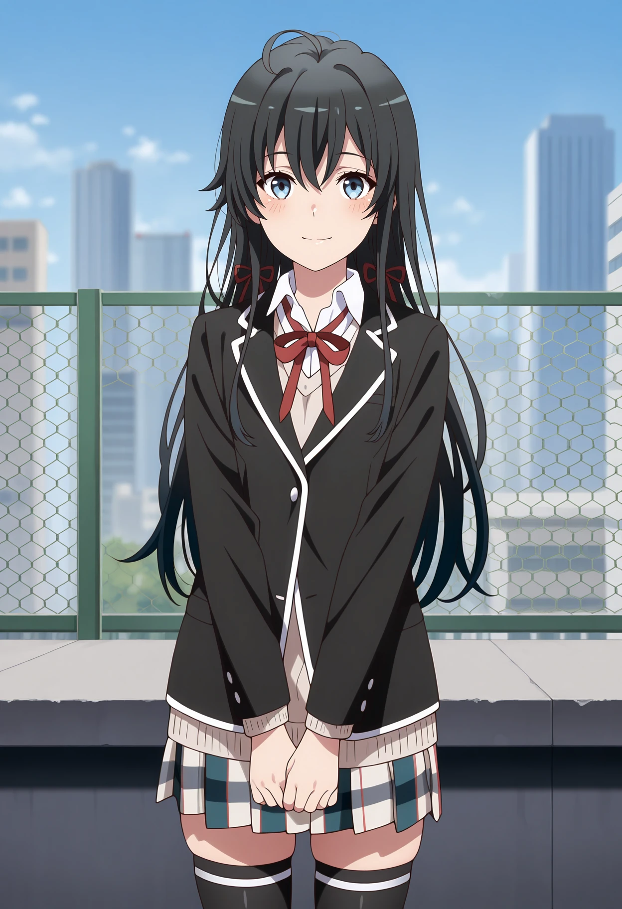 anime screencap, masterpiece, best quality,
<lora:YahariOreNoSeishunLoveComedy_YukinoshitaYukino_IlluXL:0.9>,
1girl, solo, closed mouth, light smile, blush,
long hair, black hair, blue eyes, hair between eyes, ahoge, hair ribbon,
YukinoSchool, black jacket, collared shirt, white shirt, light brown sweater, neck ribbon, red ribbon, long sleeves,
plaid skirt, pleated skirt, multicolored skirt, black thighhighs, skindentation,
v arms, cowboy shot, standing, looking at viewer,
rooftop, cityscape, chain-link fence, day, blurry background
