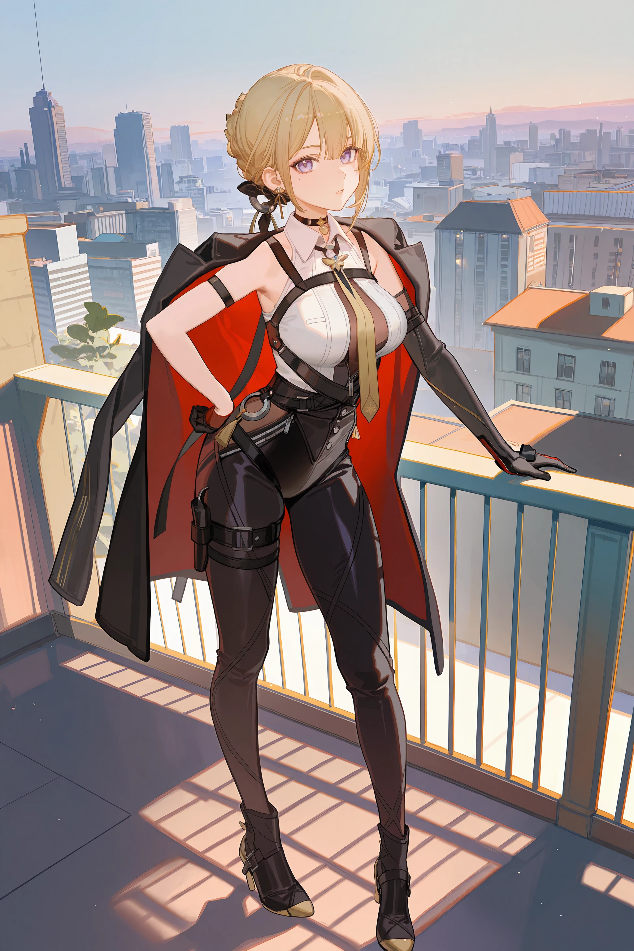 1girl, solo, evelyn chevalier, braided bun, hair up, black hair ribbon, earpiece, thigh holster, high-waist tight pants, black gloves, collared sleeveless shirt, chest harness, arm strap, single gauntlet, yellow necktie, pendant choker, high heel boots, full body, standing, parted lips, looking at viewer, hand on hip, outdoors, rooftop, cityscape, skyline, black coat, coat on shoulders, <lora:Char-ZZZ-Evelyn-V1-IL:0.9:hr=0.6>, ciloranko, alphonse \(white datura\), ask \(askzy\), gomzi, you shimizu
masterpiece, best quality, amazing quality, very aesthetic, absurdres, newest, (scenery, volumetric lighting)