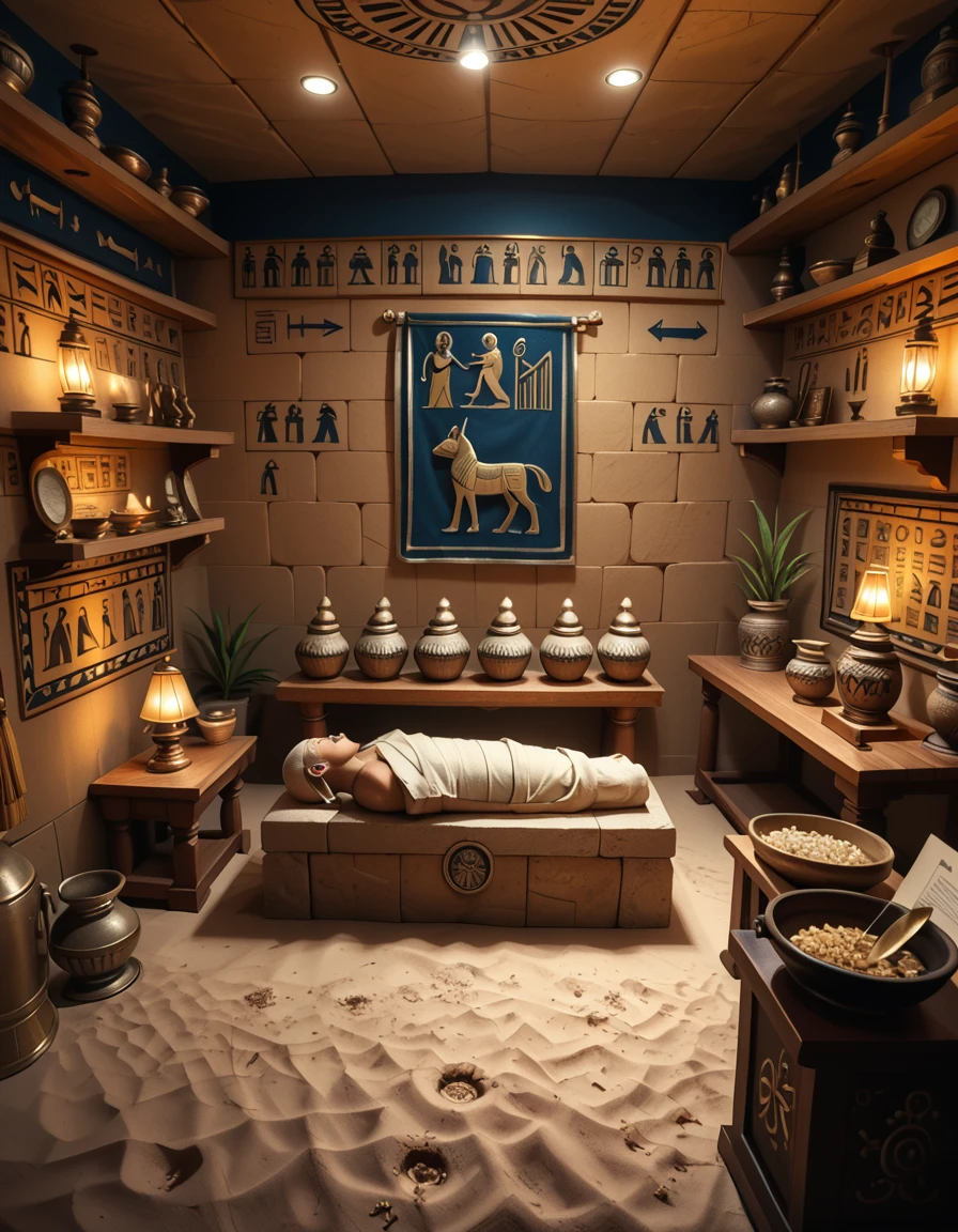 score_9, score_8_up, score_7_up,amazing quality, ultra realistic, 3D, HD, best quality, amazing quality, very aesthetic, absurdres
A highly detailed and realistic photograph of an ancient Egyptian embalming chamber, dimly lit by flickering oil lamps. The chamber is deep within a sandstone temple, with intricate hieroglyphs and sacred carvings covering the walls, depicting the journey to the afterlife. The air is thick with incense smoke, creating a mystical atmosphere.
At the center of the chamber, a partially mummified body rests on a ceremonial stone slab, surrounded by priests dressed in traditional linen robes and golden jewelry. One priest carefully applies resin while another holds a sacred Anubis-headed jar containing preserved organs. Canopic jars, filled with embalmed remains, are neatly arranged nearby, their lids intricately carved with the heads of Horusâ sons.
The dim golden light casts long shadows, emphasizing the eerie yet sacred ambiance. Wooden shelves line the walls, holding papyrus scrolls, ritualistic tools, and delicate amulets meant to protect the soul in the afterlife. Dried herbs, natron salt, and precious oils are scattered across the workspace, reflecting the meticulous nature of the mummification process.
The perspective draws the viewer into the scene, as if witnessing an ancient, secret ritual frozen in time. The texture of the stone walls, the soft folds of linen, and the shimmering glow of gold artifacts create a hyper-realistic and immersive photographic quality.
<lora:Egyptian_3mb4lm1ng_ch4mb3r-p:1>,Egyptian 3mb4lm1ng ch4mb3r
