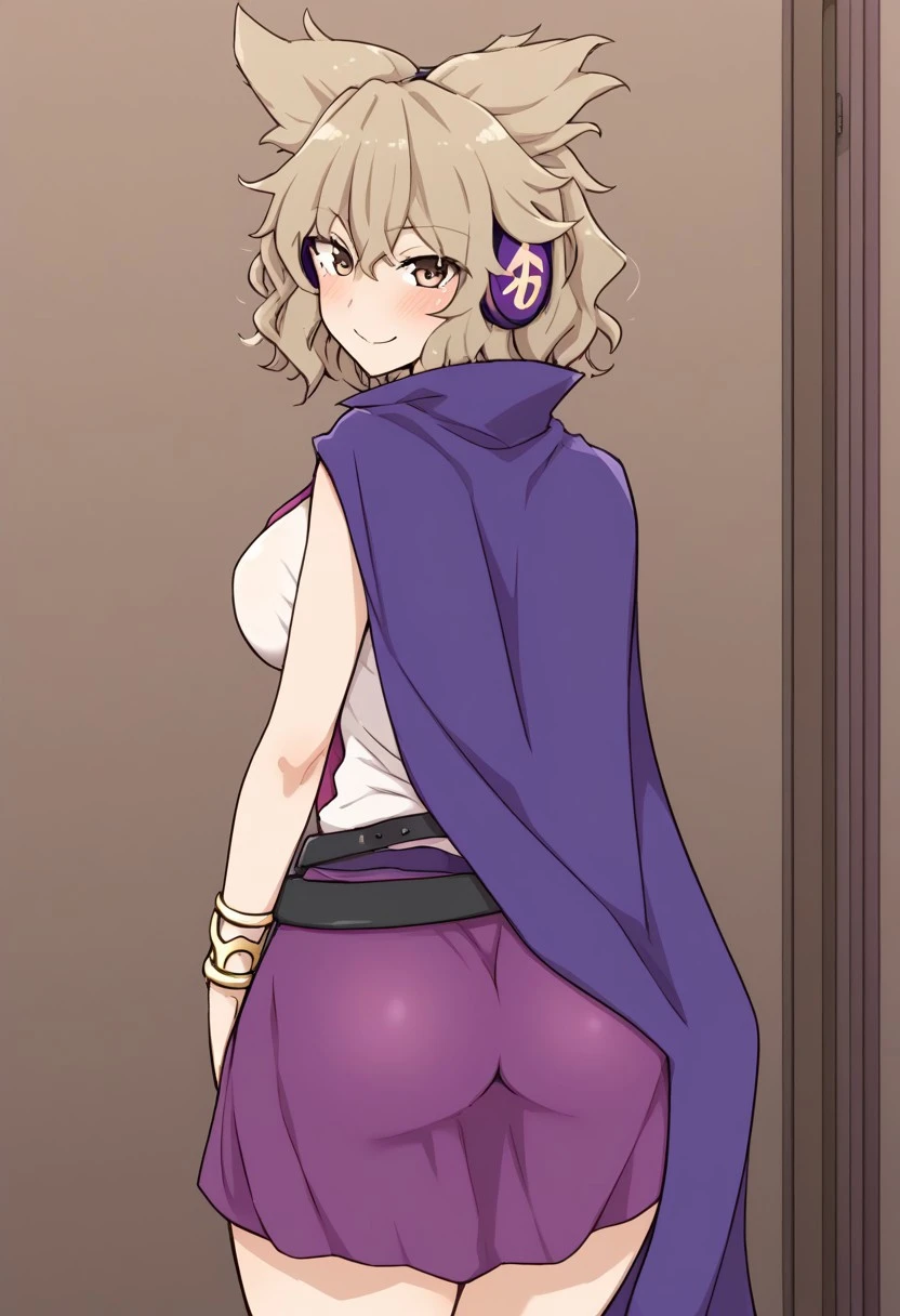 ((kawayabug style)), inside, (japanese mausoleum), (feudal japan), 1girl, solo, soft smile, blush, closed mouth, ((large breasts)), looking at viewer, ((standing)), ((posings)), ((toyosatomimi no miko)), light brown hair, pointy hair, earmuffs, brown eyes, purple skirt, white dress, purple cape, bracelet, sleeveless shirt, blouse, belt, legs, ((from behind)), ((large ass))