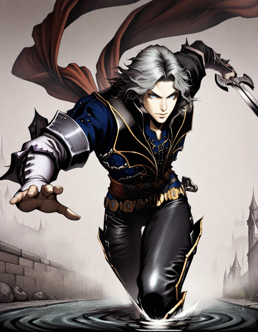 Masterpiece, hires, detailed face and eyes, ayami kojima style, ultra quality, cel-shaded, sharp lines, dry shading, Beautiful background, 1boy, Blue Eyes, Hector_Castlevania, devilforgemaster, cod, Hector_Outfit, Action pose , holding sword, Roman Aqueduct, fog , street water, running <lora:Castlevania_Hector_-_Curse_of_Darkness:1>