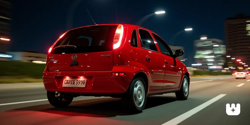red 2002 Chevrolet Corsa Hatchback driving in Brazil at ht, lights on, back side view