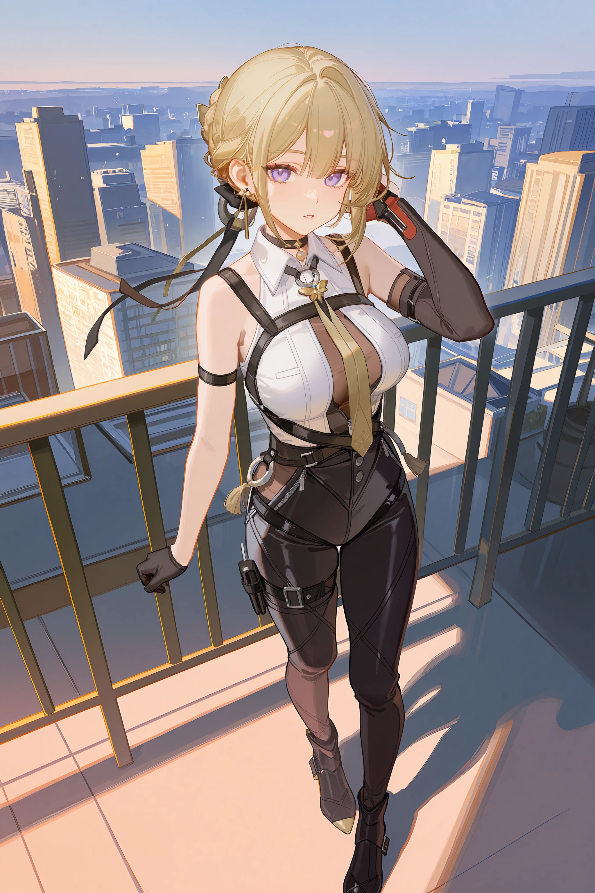 1girl, solo, evelyn chevalier, braided bun, hair up, black hair ribbon, earpiece, thigh holster, high-waist tight pants, black gloves, collared sleeveless shirt, chest harness, arm strap, single gauntlet, yellow necktie, pendant choker, high heel boots, full body, standing, parted lips, looking at viewer, hand in own hair, floating hair, outdoors, rooftop, cityscape, skyline <lora:Char-ZZZ-Evelyn-V1-IL:0.9:hr=0.6>, ciloranko, alphonse \(white datura\), ask \(askzy\), gomzi, you shimizu
masterpiece, best quality, amazing quality, very aesthetic, absurdres, newest, (scenery, volumetric lighting)