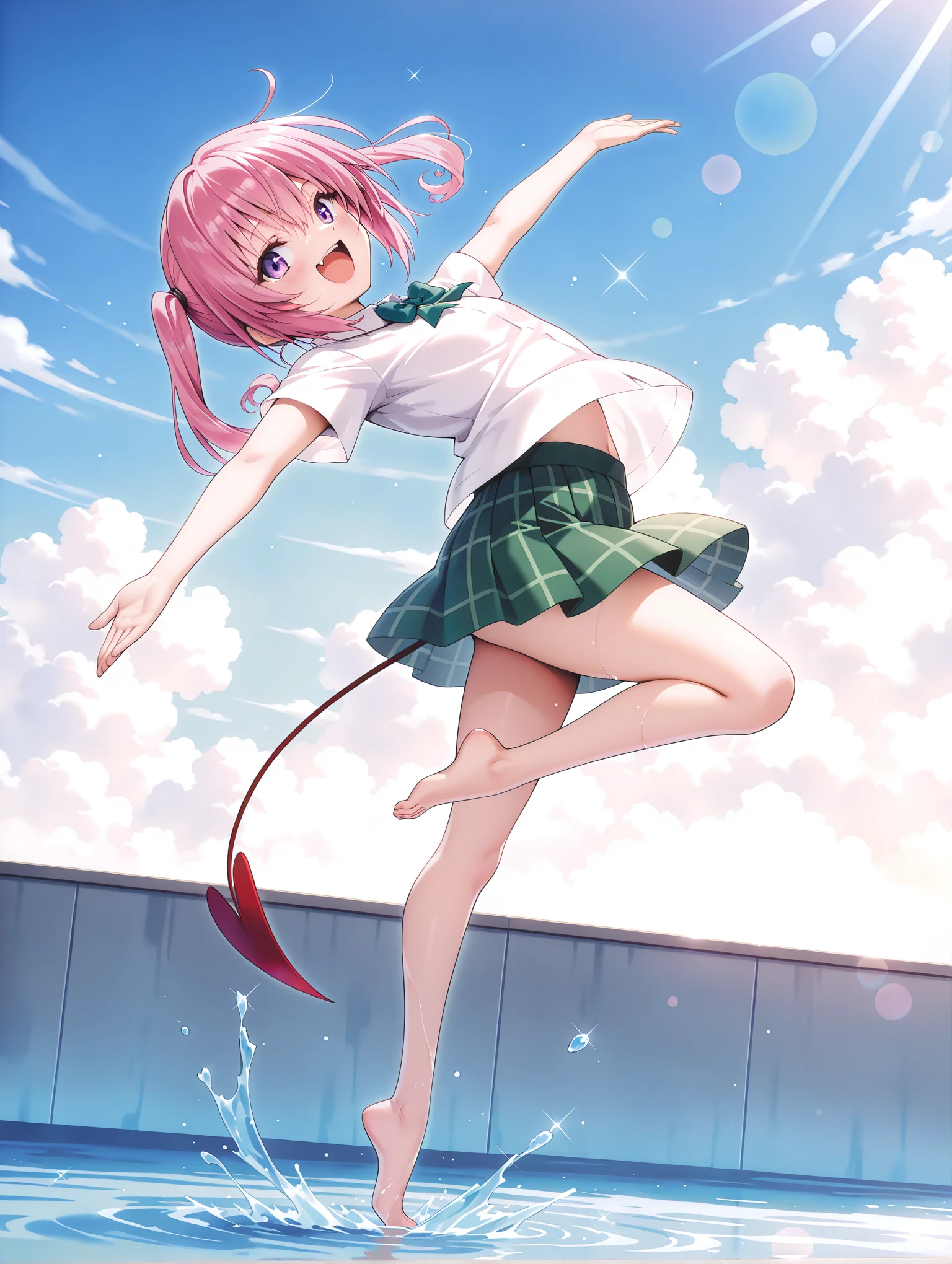 masterpiece,best quality,newest,
1girl,solo,
<lora:nana_ilxl_v1:1>,nana,pink hair,purple eyes,twintails,n_clothes,green bowtie,short sleeve blouse,white blouse,green plaid skirt,demon tail,barefoot,
<lora:Fixhands_anime_bdsqlsz_V1:1>,tiptoes,dancing,knee_up,outstretched_arms,water surface,on the water,blue sky,fisheye,looking_at_viewer,laughing,
