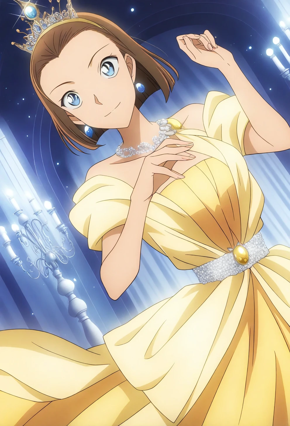 <lora:Sonoko Suzuki - [Detective Conan] - illustriousXL v1:1>, sysdeep_sonoko, 1girl, solo, short hair, blue eyes, brown hair, bob cut, forehead, anime coloring, 1girl, solo, royal_ballroom, flowing_gown, enchanted_chandelier, jeweled_crown, dancing_pose, radiant_smile, magic_sparkles, anime coloring