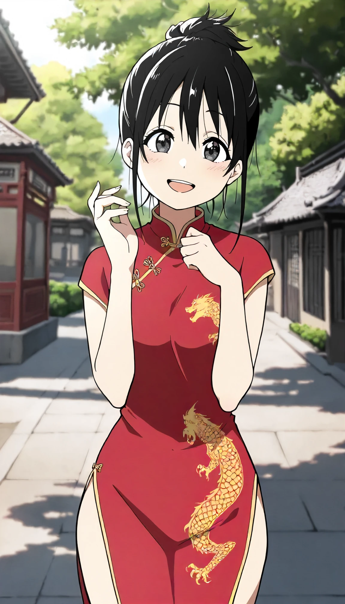 <lora:JD_sayoXLIllustrious001>,
masterpiece,best quality,good quality,newest,
outdoors,
smile,open mouth,
looking at viewer,
anime coloring,
sayo\(jamidokku!\),1girl,black hair,hair up,black eyes,
standing,
print_cheongsam,