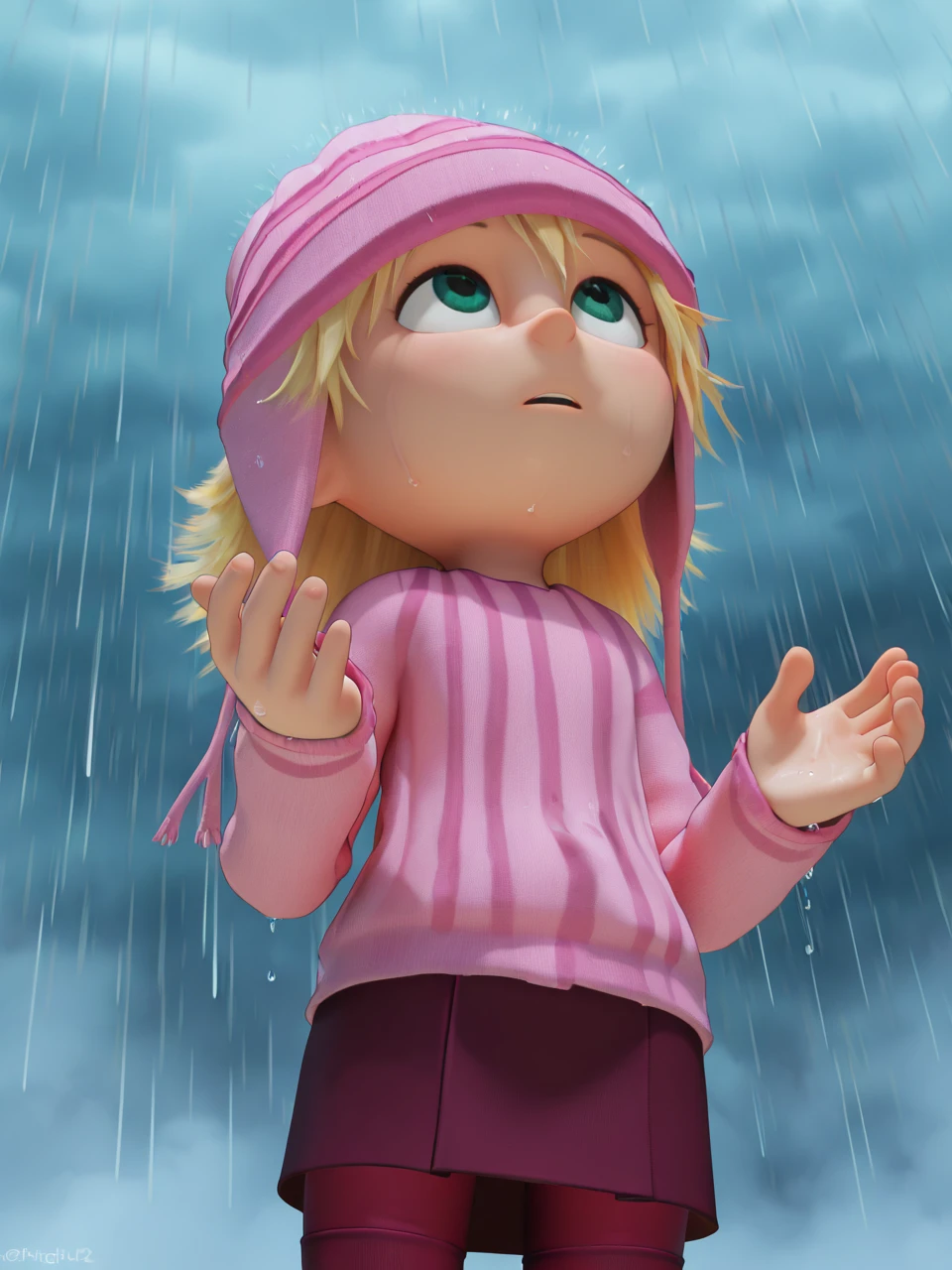 (masterpiece,best quality,newest,absurdres,highres), 3d1thG2u, solo, 1girl, green eyes, blonde hair, pink beanie, red_legwear, pink sweater, red skirt, looking up, hands up, raining, mist, fog, from below, wet <lora:Edith_Gru_IllustriousXL_noobaiXLNAIXL:1>