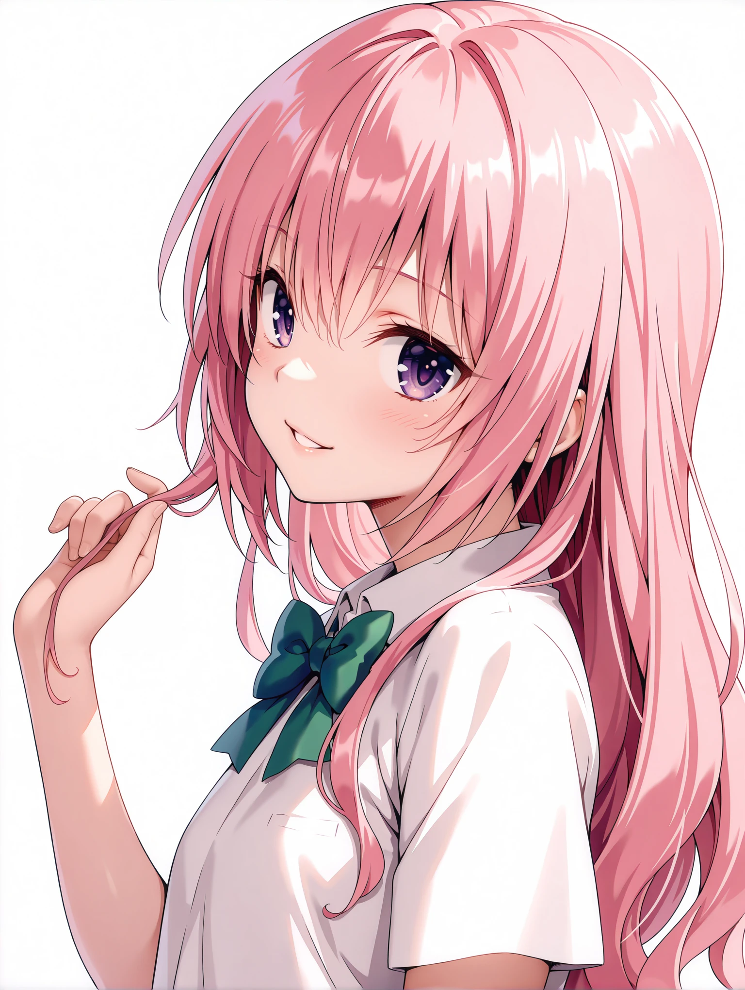 masterpiece,best quality,newest,
1girl,solo,
<lora:nana_ilxl_v1:1>,nana,pink hair,purple eyes,hair down,n_clothes,green bowtie,short sleeve blouse,white blouse,
<lora:Fixhands_anime_bdsqlsz_V1:1>,looking_at_viewer,white_background,simple_background,upper_body,profile,parted lips,seductive_smile,hand_in_hair,playing with own hair,
