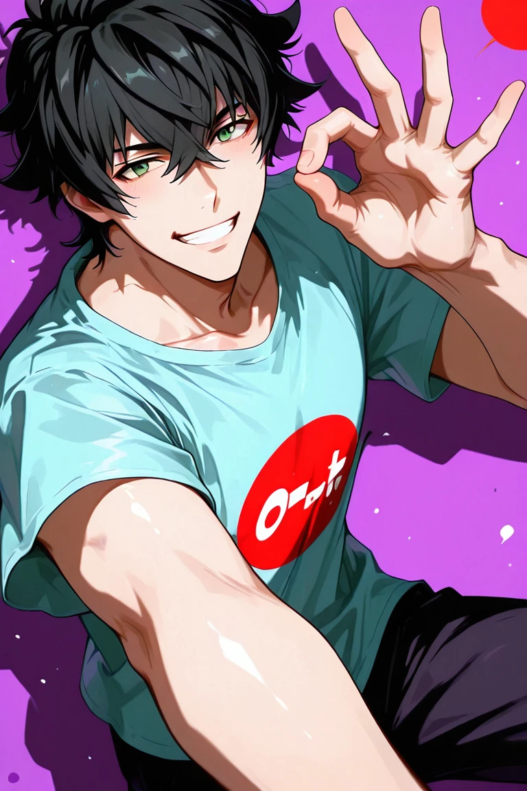 foreshortening, expressive cute happy face, iwatani naofumi-1male focus, black_iwatani naofumi_hair, green_iwatani naofumi_eyes. looking at viewer, shiny skin, ok sign, light blue shirt, casual cosplay, purple background, red circle, medium shot, shadow, dynamic angle, dynamic action, atmospheric perspective, depth of field, masterpiece, best quality, amazing quality, very aesthetic, absurdres, newest, very awa
