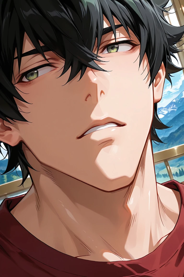 expressive cute face, iwatani naofumi-1male focus, black_iwatani naofumi_hair, green_iwatani naofumi_eyes, looking away, parted lips, shiny skin, red shirt, casual cosplay, indoors window, mountain, close-up, centered, shadow, dynamic angle, dynamic action, atmospheric perspective, intricately detailed, depth of field, masterpiece, best quality, amazing quality, very aesthetic, absurdres, newest, very awa