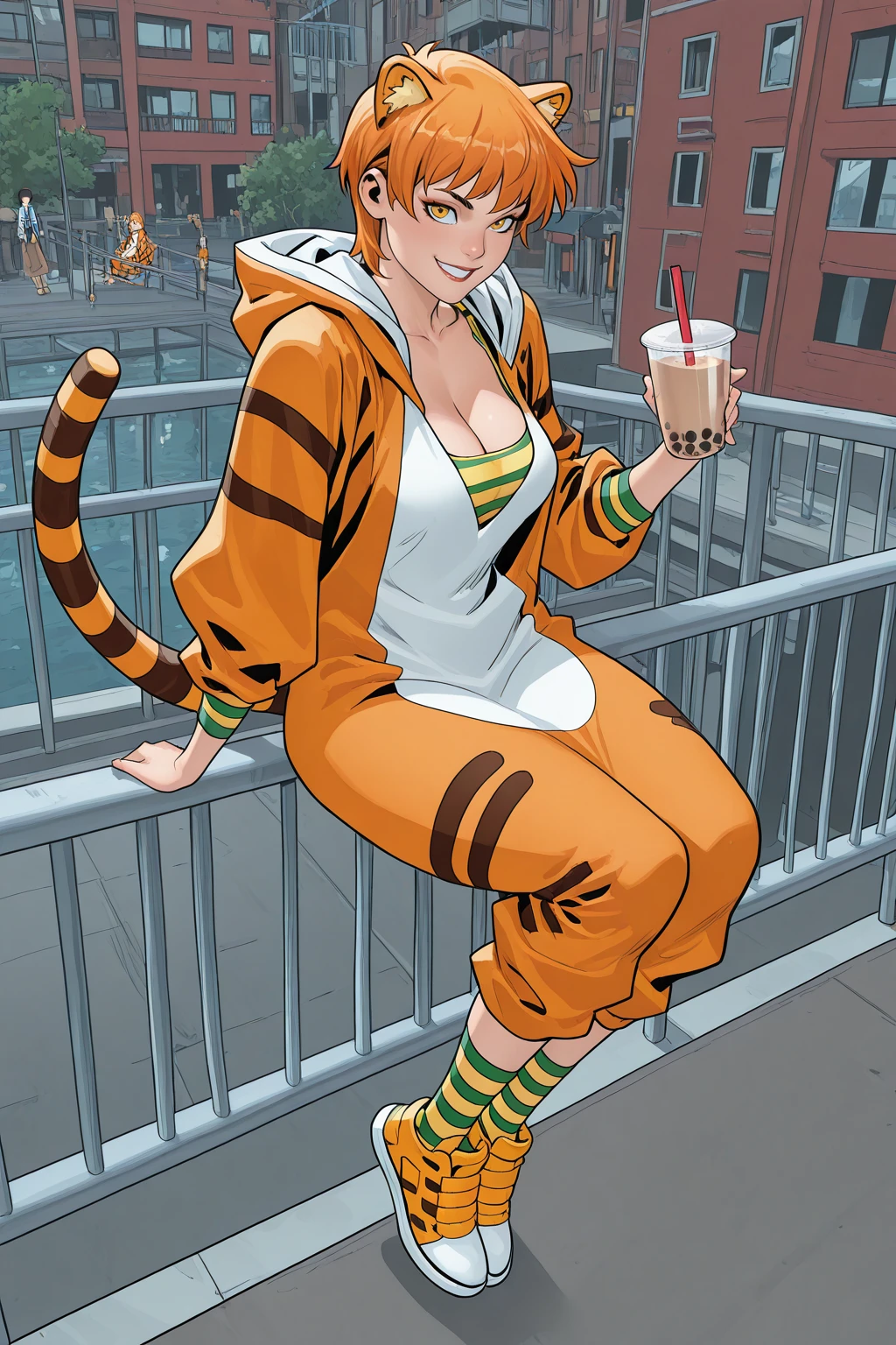 masterpiece, good quality, best quality, very awa, very as2, absurdres, highres, 3d
<lora:jaguar manilluLoRA:1>Jagman, tiger ears, short hair, orange hair, bangs, Hood down, striped Shirt, animal costume, tiger print, striped socks, tiger tail, shoes, cleavage, smile, sitting on a railing, holding a bubble tea,
<lora:Carlos GomezStyleilluLYCO:1.1> cgstyle, (borderless), full body, solo