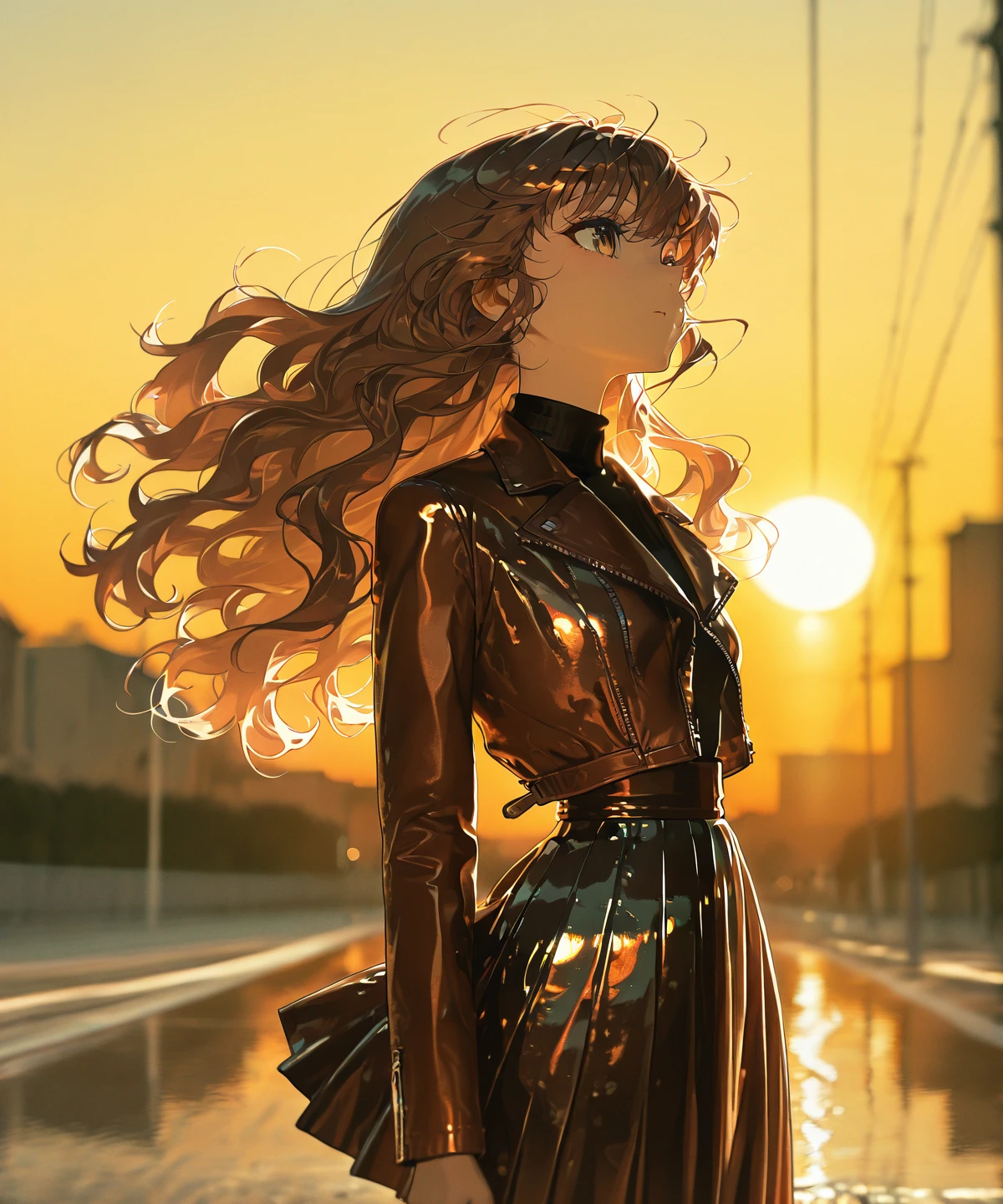 masterpiece, best quality, amazing quality, very aesthetic, absurdres, newest, (scenery, volumetric lighting),
leather reflection,
1girl, solo, medium shot, backlit warm sunset, reflective brown leather jacket, high-waisted glossy leather skirt, soft golden glow on clothing, long wavy hair illuminated by sunset, dreamy aesthetic, soft blurred background, high-quality anime rendering, dynamic pose, detailed leather texture reflecting light, anime-style warm lighting, cinematic depth of field, soft light leaks, stylish and elegant mood, delicate anime detailing,
,masterpiece, best quality, amazing quality, very aesthetic, absurdres, newest, (scenery, volumetric lighting),
,<lora:leather_reflection:1>,