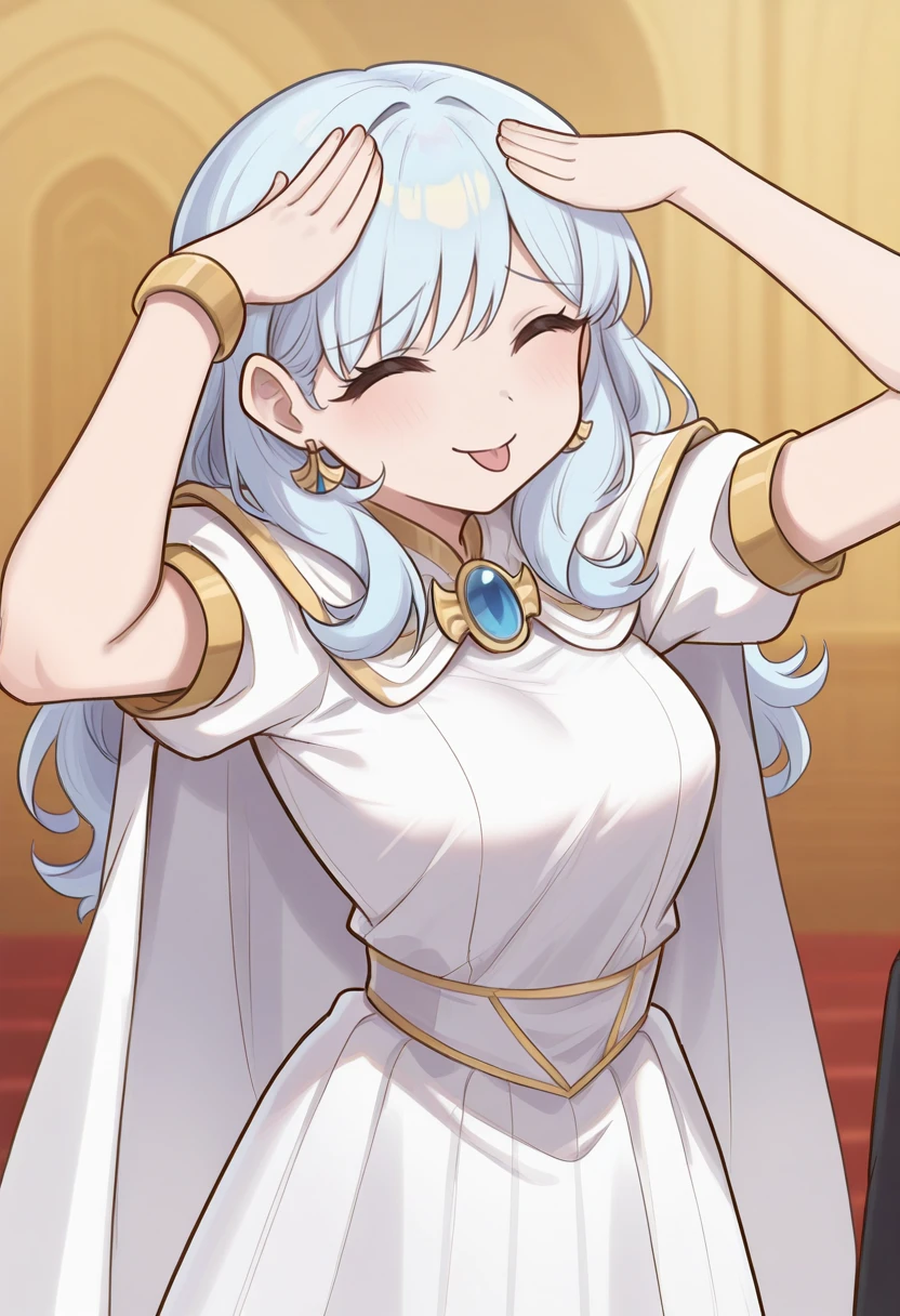 <lora:aisling duval illustrious v1.0:0.7> 1girl, woman, aisling duval, long light blue hair, brown eyes, brooch, jewelry, white dress, gold ornement on dress, prysmatic dress, prysmatic, short arms sleeves, decoration on shoulders <lora:Ah_Eto_Bleh_ILXL:1> AhEtoBlehMeme, closed eyes, tongue out, :p, hands on own head, smile,, score_9, score_8_up, score_7_up, score_6_up, masterpiece, best quality, amazing quality, very aesthetic, absurdres, newest,, safe, rating_safe, wearing clothes, covered body, source_anime, 2d, manga, 1girl, solo, solo focus, female focus, one character in picture, solo in picture