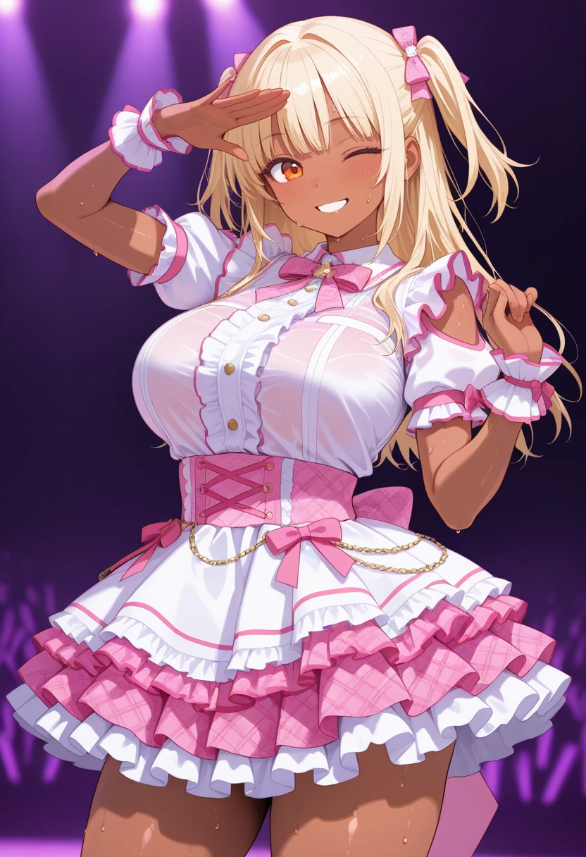 masterpiece,best quality,amazing quality, very aesthetic, ((outlined outlined vector graphics)), cute face, (glow eyes:0.5) , looking at viewer, cowboy shot,
1girl,20yo, (large breast:1.2), orange eyes, (blonde hair:1.3),long hair, (two side up:1.1), (dark skin:1.6), dark skin girl, (tall:1.2), (abs:0.7),bangs,
pink clothes, (focus female), smile,action pose , (clothed:1.1),
idol, idol outfit, japanese-idol-outfit, clothed, frilled dress,, idol stage, ,wink, sweat,
, <lora:idol-outfit-il-20:1.0>