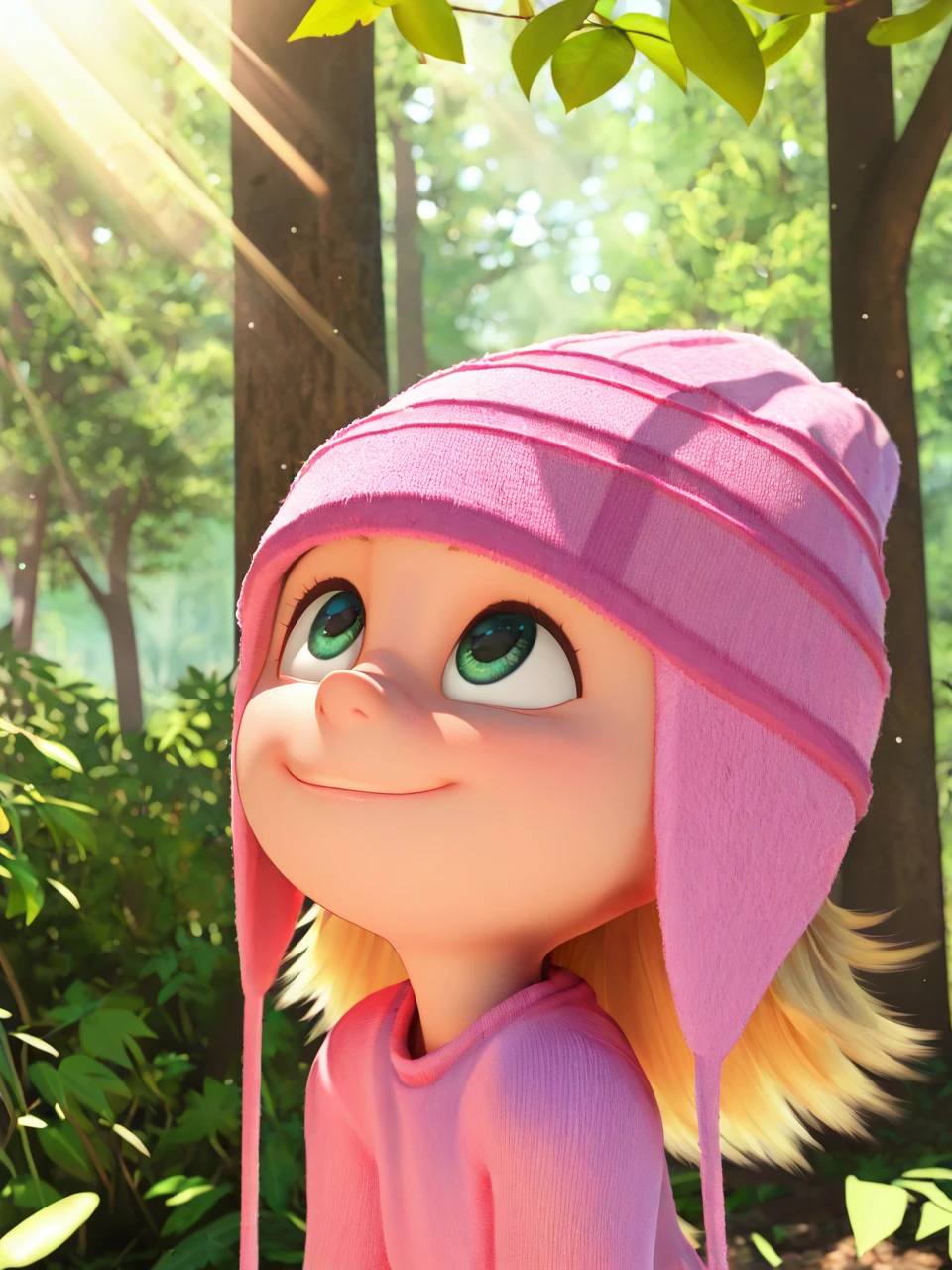 (masterpiece,best quality,newest,absurdres,highres), 3d1thG2u, solo, 1girl, green eyes, blonde hair, pink beanie, pink sweater, smile, outdoors, tree, leaf, sunlight, nature, light particles, forest, light rays, light, sunbeam, dappled sunlight, looking up, light shining on face, upper body <lora:Edith_Gru_IllustriousXL_noobaiXLNAIXL:1>