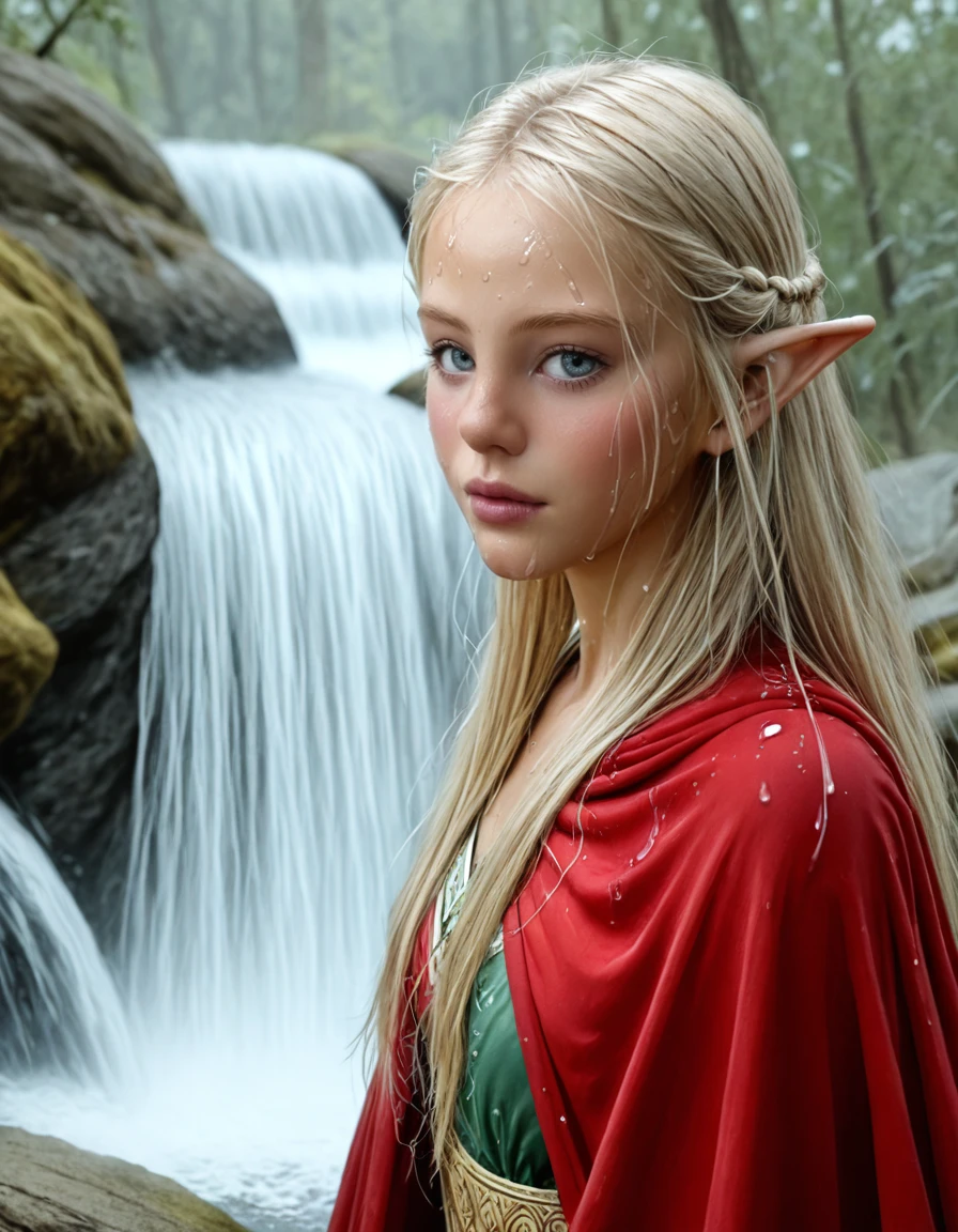 25yo lannie, blond hair, 1girl elf, solo, <lora:lannie:1>, beautiful lanscape, summer afternoon, wet, wildlife, elven art, elven jewlery, stuning effects, mist, red cape, closeup
