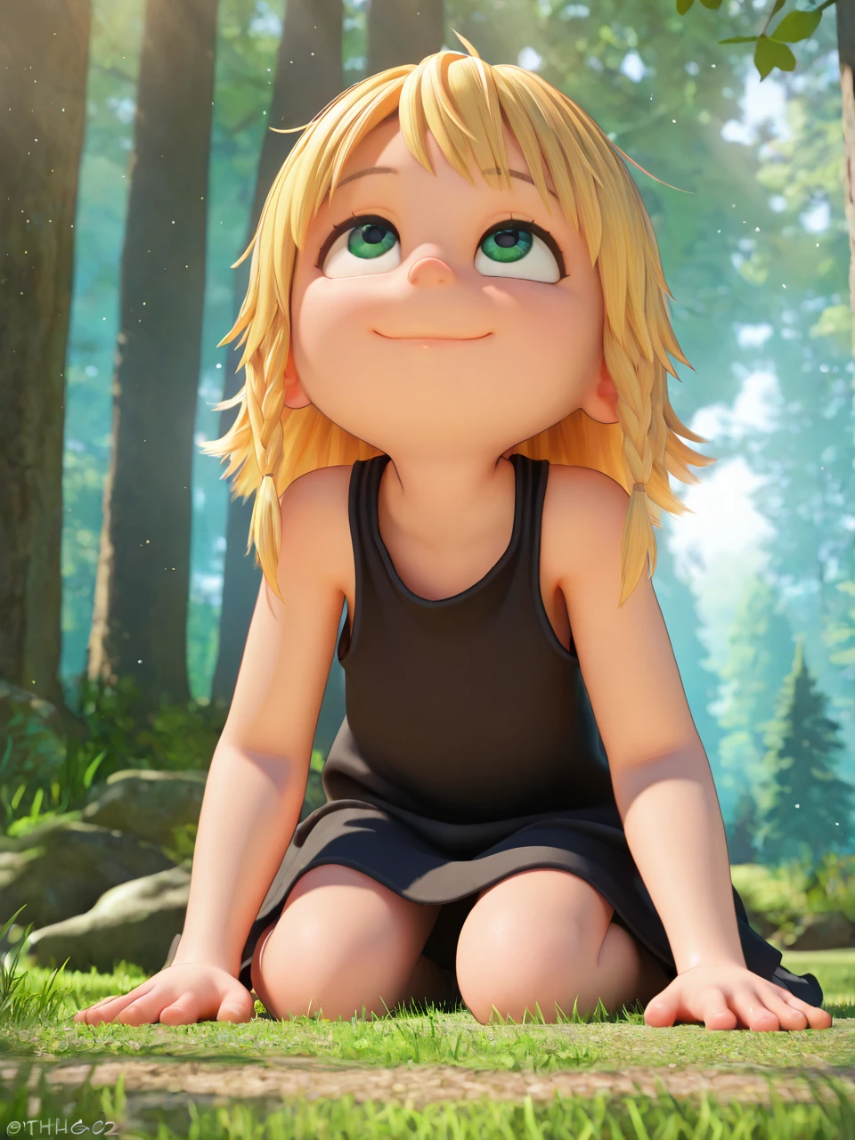 (masterpiece,best quality,newest,absurdres,highres), 3d1thG2u, solo, 1girl, green eyes, blonde hair, smile, looking up, bare shoulders, sitting, closed mouth, full body, outdoors, sleeveless, black dress, tree, bare arms, sleeveless dress, depth of field, blurry background, sunlight, nature, light particles, forest, on ground, <lora:Edith_Gru_IllustriousXL_noobaiXLNAIXL:0.8>