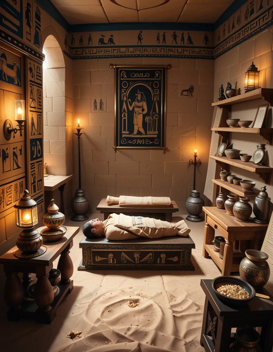 score_9, score_8_up, score_7_up,amazing quality, ultra realistic, 3D, HD, best quality, amazing quality, very aesthetic, absurdres
A highly detailed and realistic photograph of an ancient Egyptian embalming chamber, dimly lit by flickering oil lamps. The chamber is deep within a sandstone temple, with intricate hieroglyphs and sacred carvings covering the walls, depicting the journey to the afterlife. The air is thick with incense smoke, creating a mystical atmosphere.
At the center of the chamber, a partially mummified body rests on a ceremonial stone slab, surrounded by priests dressed in traditional linen robes and golden jewelry. One priest carefully applies resin while another holds a sacred Anubis-headed jar containing preserved organs. Canopic jars, filled with embalmed remains, are neatly arranged nearby, their lids intricately carved with the heads of Horusâ sons.
The dim golden light casts long shadows, emphasizing the eerie yet sacred ambiance. Wooden shelves line the walls, holding papyrus scrolls, ritualistic tools, and delicate amulets meant to protect the soul in the afterlife. Dried herbs, natron salt, and precious oils are scattered across the workspace, reflecting the meticulous nature of the mummification process.
The perspective draws the viewer into the scene, as if witnessing an ancient, secret ritual frozen in time. The texture of the stone walls, the soft folds of linen, and the shimmering glow of gold artifacts create a hyper-realistic and immersive photographic quality.
<lora:Egyptian_3mb4lm1ng_ch4mb3r-p:1>,Egyptian 3mb4lm1ng ch4mb3r
