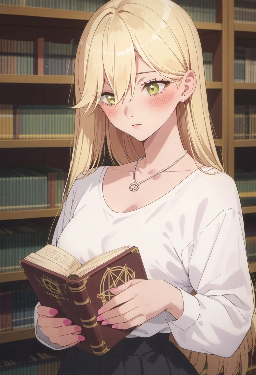 score_9, score_8_up, score_7_up, source_anime,kisaki aria, blonde hair, long hair, green eyes, 1girl, jewelry, book, blush, solo, bookshelf, white shirt, earrings, necklace, holding, shirt, library, hexagram, pink nails