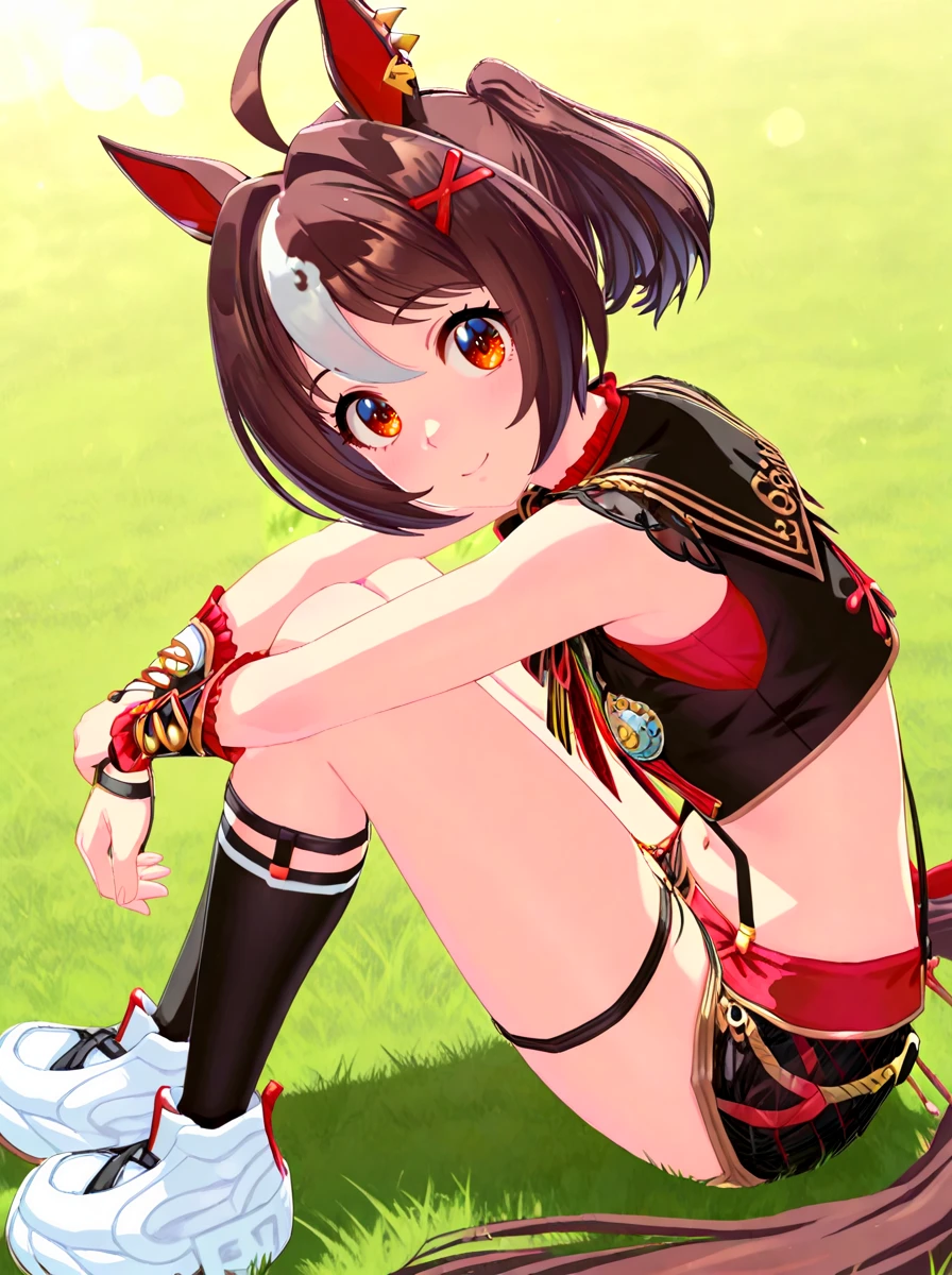 masterpiece, best quality, absurdres,ultra detailed,
gran alegria\(umamusume\),horse ears, 1girl, horse tail, full body, looking at viewer, black kneehighs, white sneakers, navel,midriff, red crop top shirt, sleeveless, black cropped jacket, mismatched arm covers, black suspender, black short shorts, low back multicolored ribbon, multicolored bowtie, ear piercing, red hairclip, single black thigh strap, single black wristband
big smile,
on grass, sitting,
blur, lens flare,
<lora:ILL_gran_alegria_ver1.0:1.0>