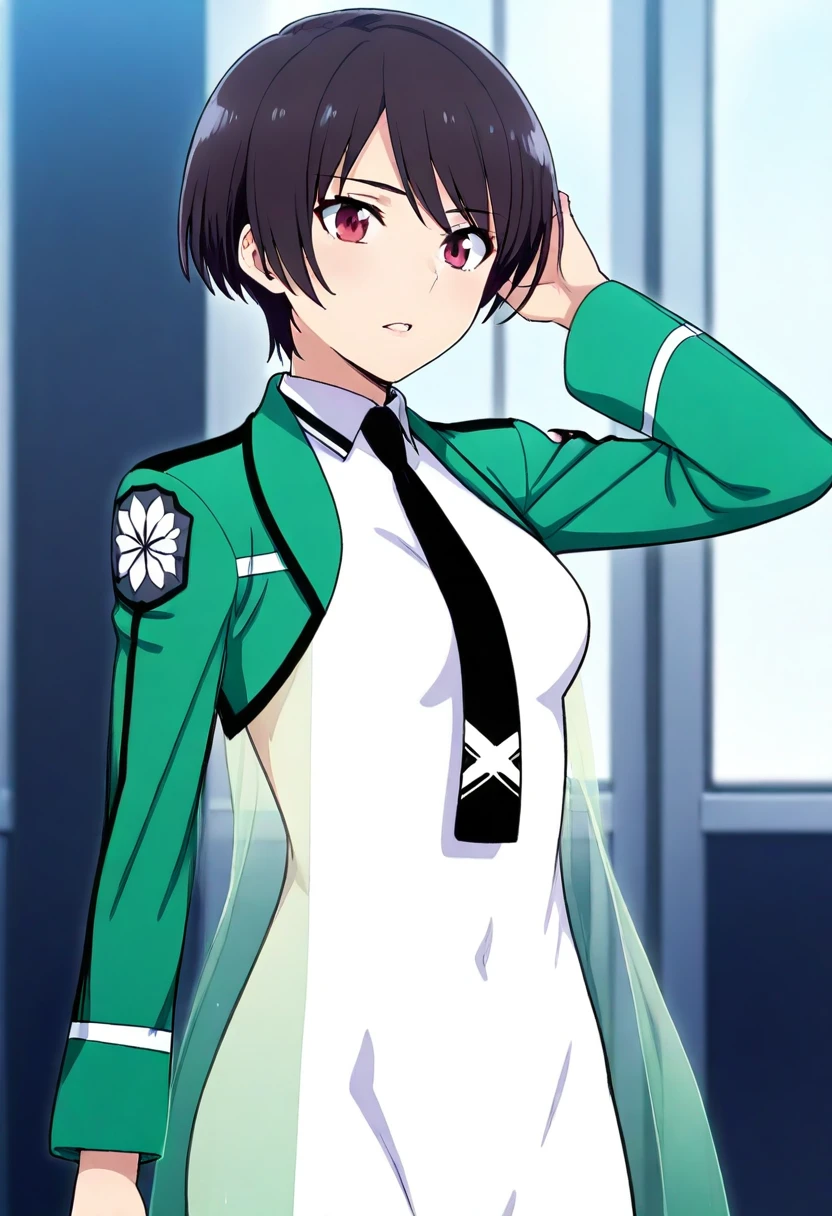 best quality, 1girl, solo, watamari, short hair, green jacket, cropped jacket, long sleeves, open jacket, black necktie, white long dress, see-through dress, open see-through dress, standing, <lora:watamari_s_il:1>