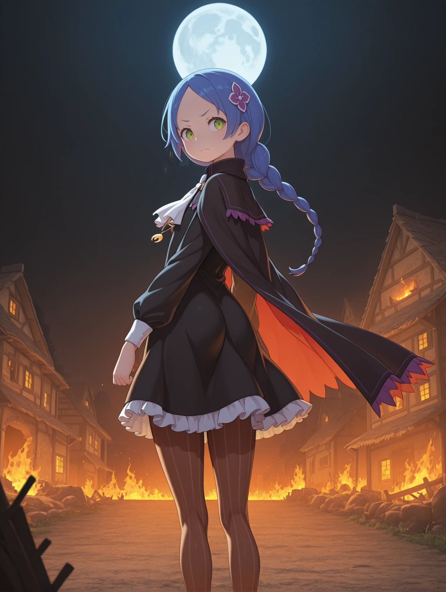 <lora:Meili Illu_1:1>1girl, solo,
4ssassinmeili, blue hair, green eyes, long hair, single braid,
black dress, brown pantyhose, vertical-striped pantyhose, frills, white ascot, black cloak, cape, two-sided fabric, crescent pendant, flower hair ornament,
from behind, looking back, frown, fire, burning buildings, village, night, full moon,
<lora:Bartolomeobari Style Illustrious:1>, masterpiece, best quality, amazing quality