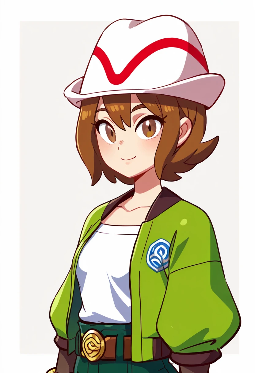 masterpiece, best quality, solo, curvy, beautiful eyes, zzMC, brown eyes, brown hair, short hair, medium hair, white headwear, green jacket, long sleeves, open jacket, white shirt, collarbone, pants, bracelet, belt buckle, , <lora:ProtagonistFPokemonZA_IXL_v1:1.0>,, smile, looking at viewer, side view, upper body, <lora:DiivesIXL:1.0>,