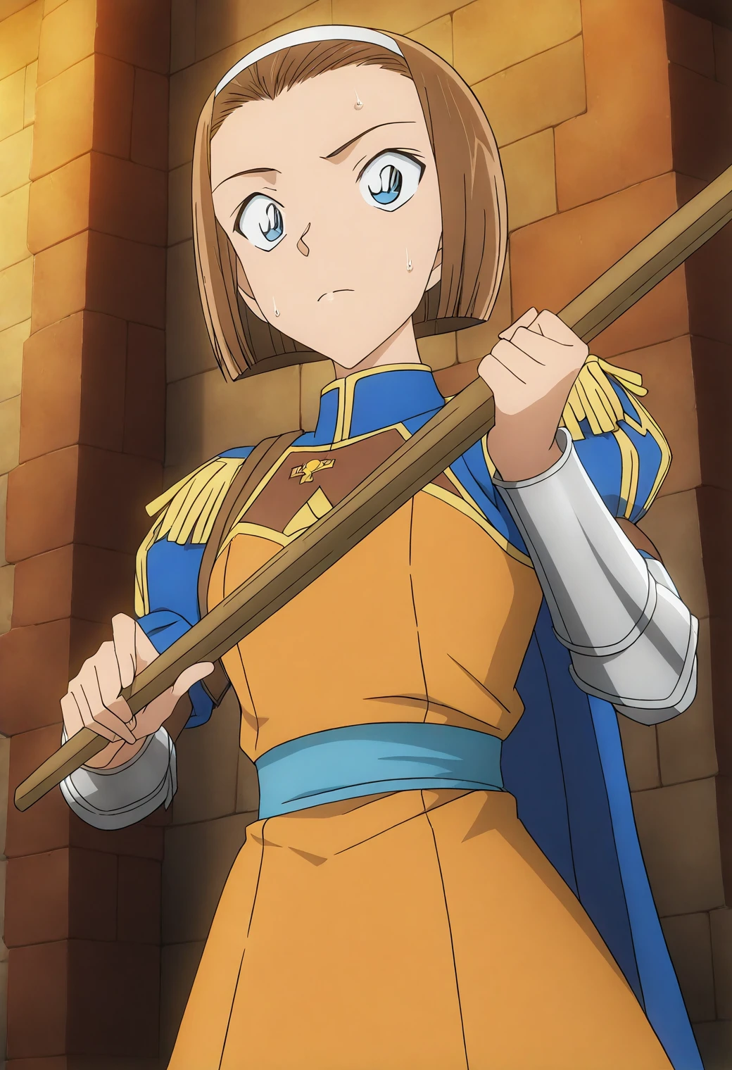 <lora:Sonoko Suzuki - [Detective Conan] - illustriousXL v1:1>, sysdeep_sonoko, 1girl, solo, short hair, blue eyes, brown hair, bob cut, forehead, anime coloring,, 1girl, solo, knight, training in castle courtyard, wooden sword, sweaty forehead, focused expression, royal banners behind