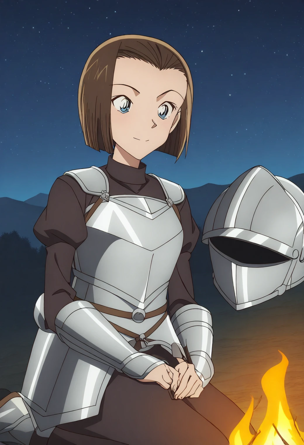 <lora:Sonoko Suzuki - [Detective Conan] - illustriousXL v1:1>, sysdeep_sonoko, 1girl, solo, short hair, blue eyes, brown hair, bob cut, forehead, anime coloring,, 1girl, solo, knight, resting by campfire, helmet on ground, gazing at starry sky, thoughtful expression