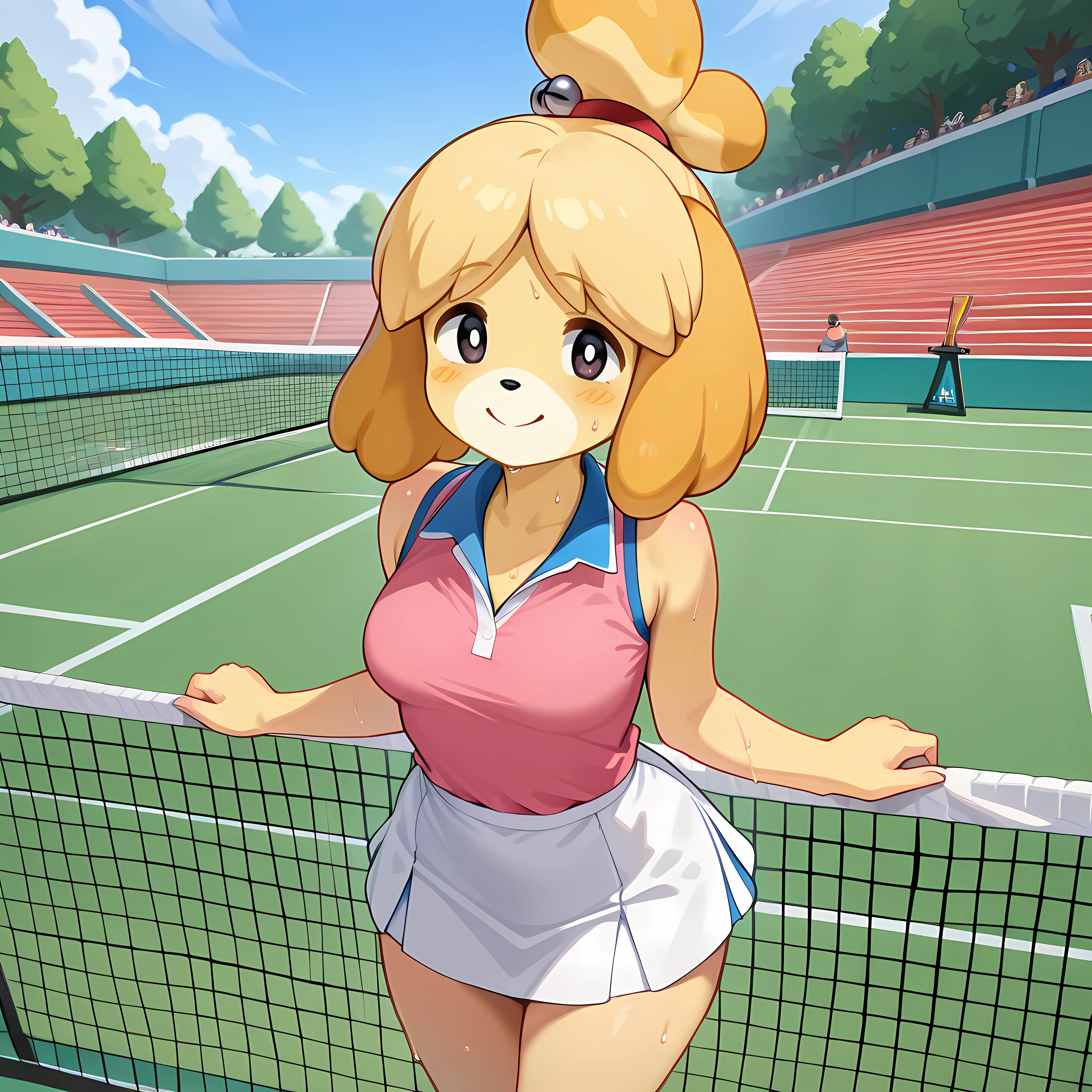 tennis girl's massive nipples out of topless vest out bare and wet pants spreading her legs, gloved hands hidden behind head, blindfold