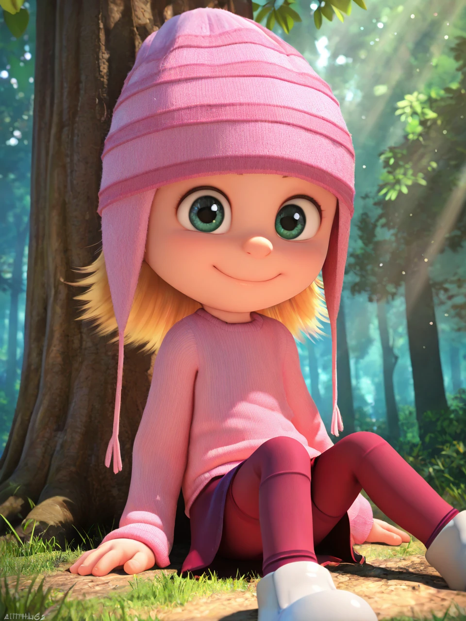 (masterpiece,best quality,newest,absurdres,highres), 3d1thG2u, solo, 1girl, green eyes, blonde hair, smile, child, blonde hair, smile, closed mouth, pink beanie, red_legwear, pink sweater, red skirt, outdoors, tree, sitting on the ground, sunlight, nature, light particles, forest, looking at viewer <lora:Edith_Gru_IllustriousXL_noobaiXLNAIXL:1>