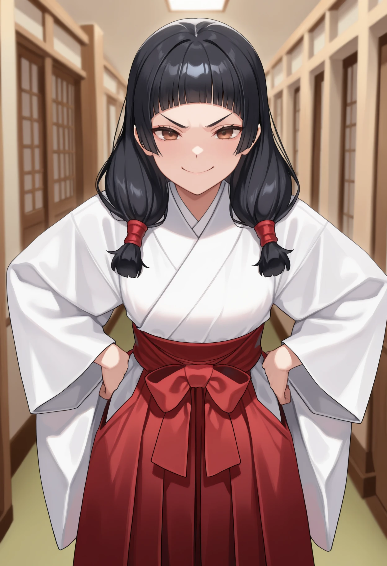 masterpiece, best quality, newest, solo, 1girl, utah1mepast, smile, looking at viewer, standing, hands on own hips, black hair, blunt bangs, low twintails, hair tubes, brown eyes, v-shaped eyebrows, japanese clothes, white kimono, long sleeves, wide sleeves, red hakama, hakama skirt, indoors, hallway
<segment:yolo-Anzhc Face seg 640 v2 y8n.pt,0.4,0.5//cid=1>