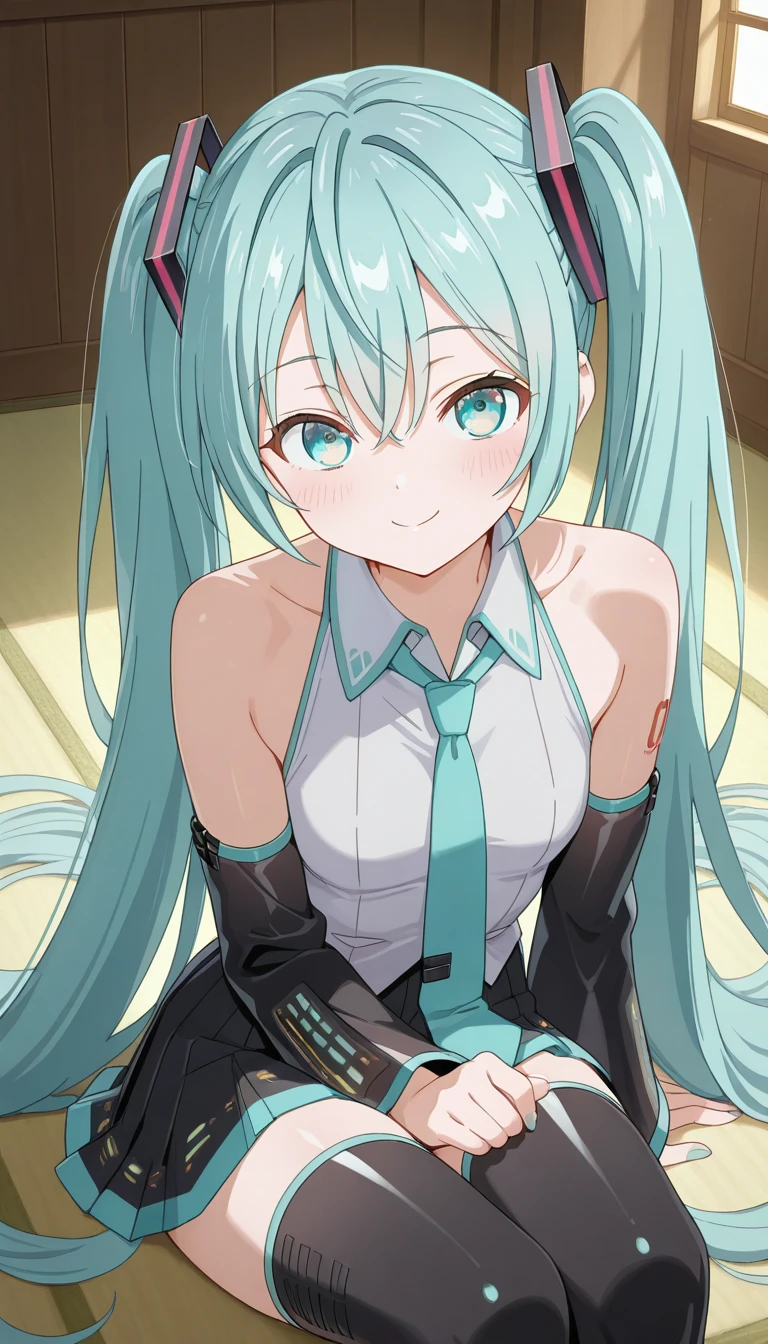 (masterpiece),best quality,amazing quality,very aesthetic,absurdres,newest,perfect body,shiny skin,perfect eyes,detail1eye,well-defined fingers,well-defined fingernails,anime style,indoors,1girl,solo,upper body,(portrait:1.5),looking at viewer,facing viewer,smile,blush,Tokidoki Bosotto Russia-go De Dereru Tonari No Alya-san anime style,hatsune miku,absurdly long hair,aqua hair,twintails,hair ornament,sidelocks,hair between eyes,parted bangs,aqua eyes,white shirt,collared shirt,bare shoulders,sleeveless shirt,aqua necktie,detached sleeves,black sleeves,shoulder tattoo,fringe,black thighhighs,miniskirt,pleated skirt,zettai ryouiki,thigh boots,<lora:Hatsune Miku(voc)-Illus-Remake:1.6>,<lora:Tokidoki Bosotto Russia-go De Dereru Tonari No Alya-san anime[style]-Illus:1.8>,