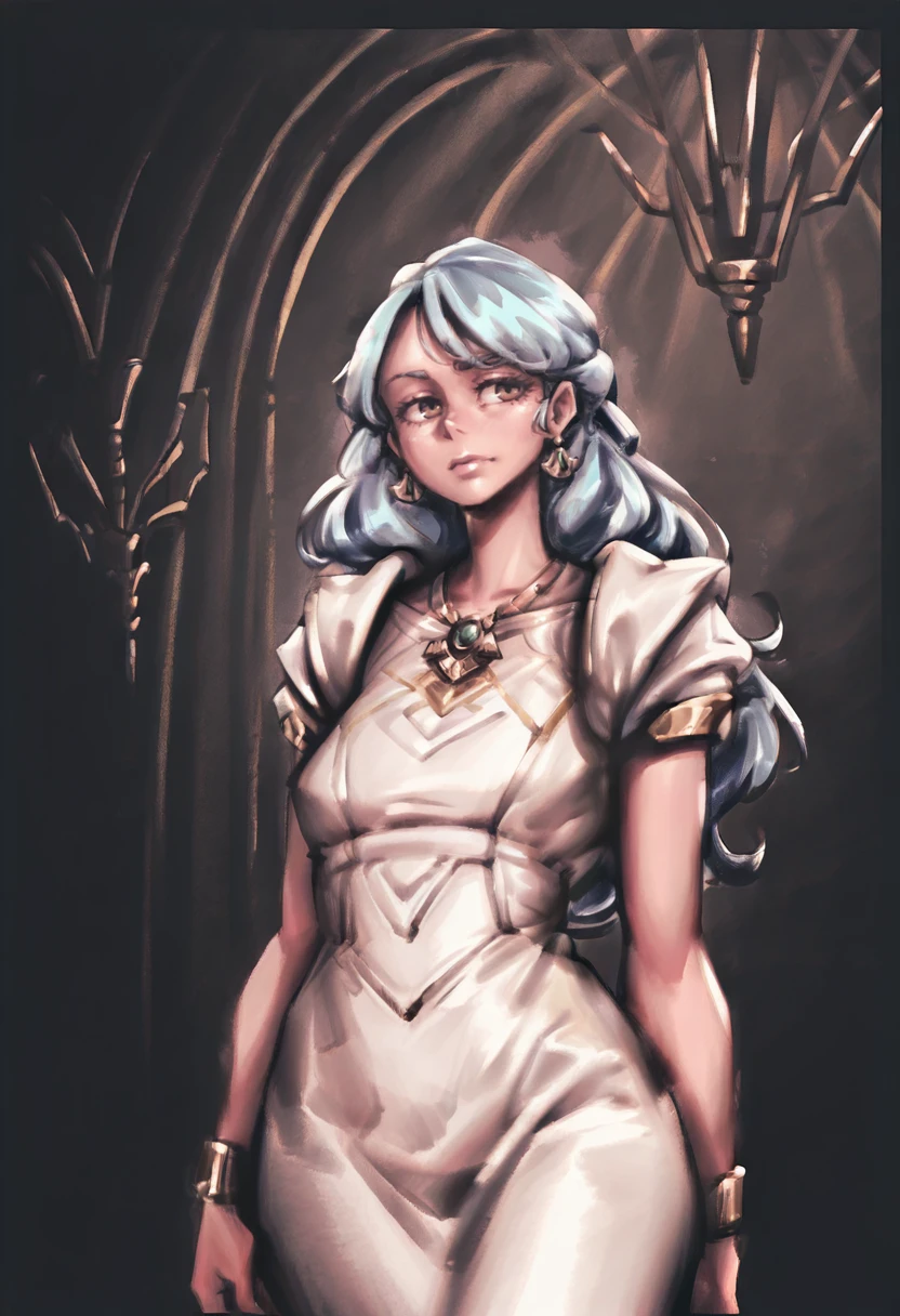 <lora:aisling duval illustrious v1.0:0.7> 1girl, woman, aisling duval, long light blue hair, brown eyes, brooch, jewelry, white dress, gold ornement on dress, prysmatic dress, prysmatic, short arms sleeves, decoration on shoulders, <lora:noodlenoodILLUS:1> noodlenood,