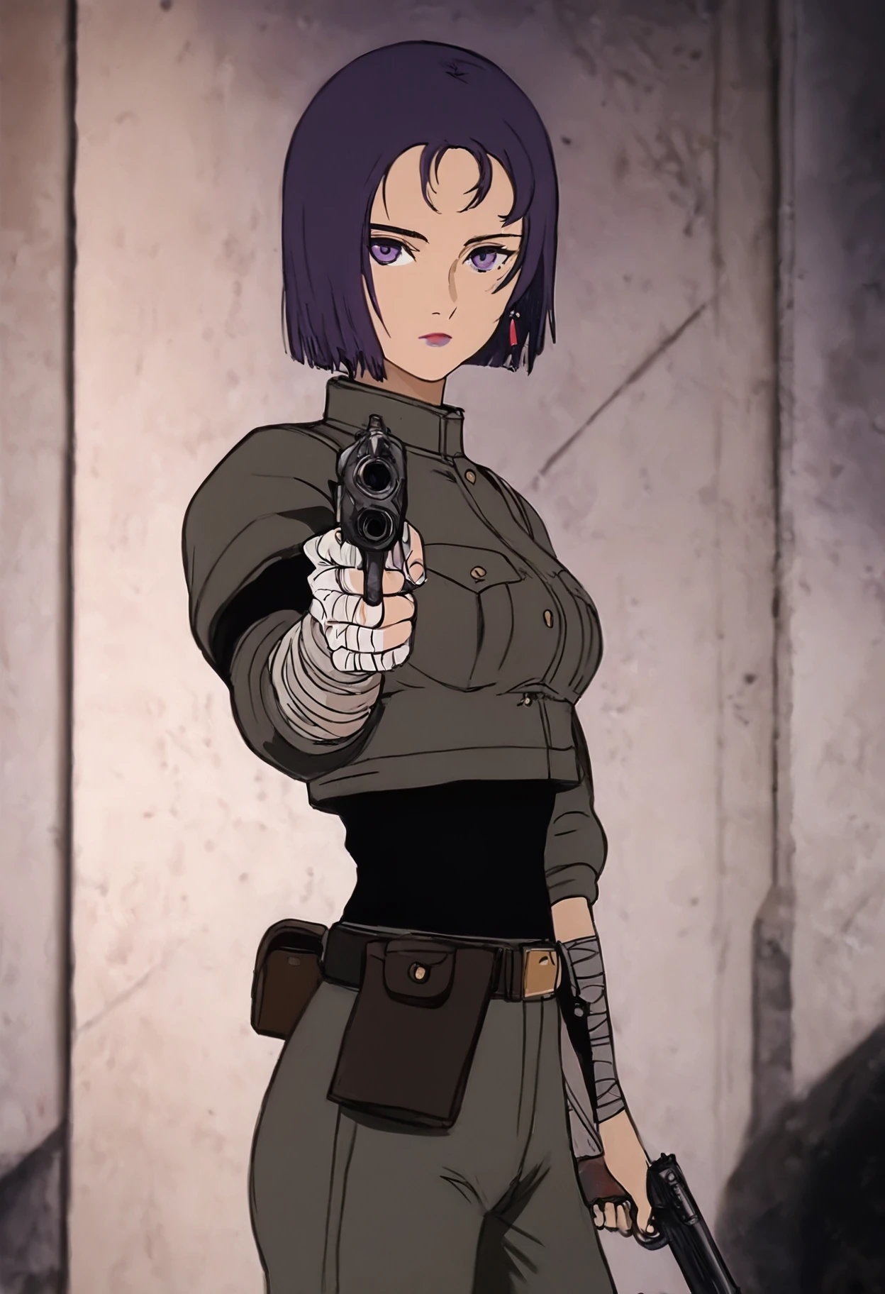 masterpiece, best quality, amazing quality, very aesthetic, absurdres, newest, 1girl, detailed face, metal spaceship background, indoors,
<lora:mon_monmon2133:0.8> abstract background,
<lora:abelia_illustr:0.9> ab3l1a, purple hair, short hair, single earring, purple eyes, lipstick, military uniform, cropped military jacket, military pants, belt, ((bandages, bandaged forearms)), black shirt under military uniform, military uniform over black shirt,
standing, holding pistol, expressionless, ((((aiming pistol at viewer, shooting at viewer)))), standing sideways,