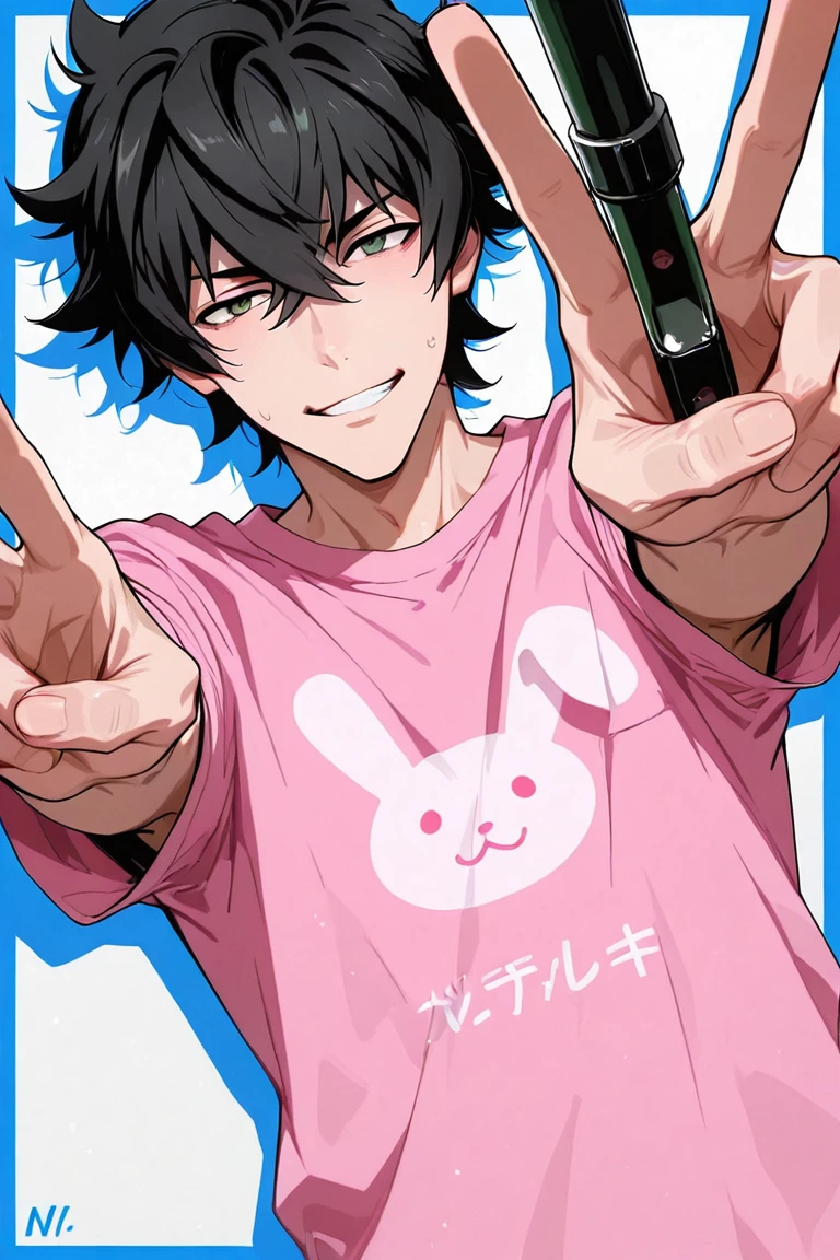foreshortening, expressive cute bored face, iwatani naofumi-1male focus, black_iwatani naofumi_hair, green_iwatani naofumi_eyes, half-lidded eyes, -_-. looking at viewer, forced smile, shiny skin, double v, pink shirt, casual cosplay, white background, graphics, blue border, medium shot, shadow, dynamic angle, dynamic action, atmospheric perspective, depth of field, masterpiece, best quality, amazing quality, very aesthetic, absurdres, newest, very awa