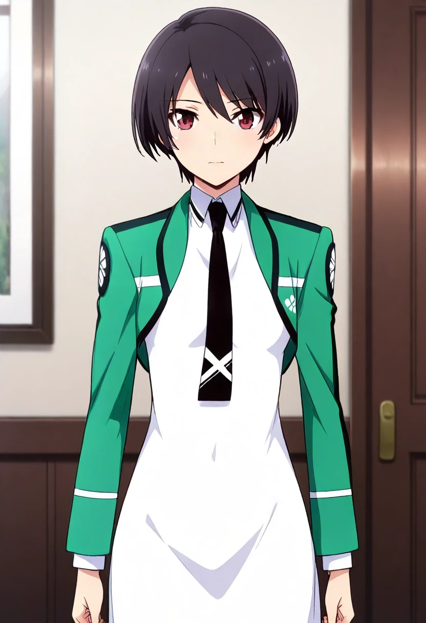 best quality, 1girl, solo, watamari, short hair, green jacket, cropped jacket, long sleeves, open jacket, black necktie, white long dress, standing, <lora:watamari_s_il:1>