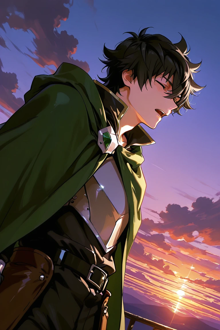 expressive cute face, iwatani naofumi-1male focus, black_iwatani naofumi_hair, closed eyes. looking to the side, open mouth, relaxing, shiny skin, cape, armor, pants, afternoon outdoors sunset, windy, floating shirt, floatinig clothes, from side, shadow, dynamic angle, dynamic action, atmospheric perspective, depth of field, masterpiece, best quality, amazing quality, very aesthetic, absurdres, newest, very awa