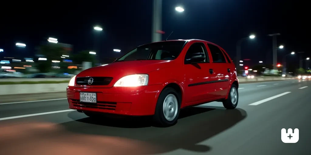 red 2002 Chevrolet Corsa Hatchback driving in Brazil at ht, lights on