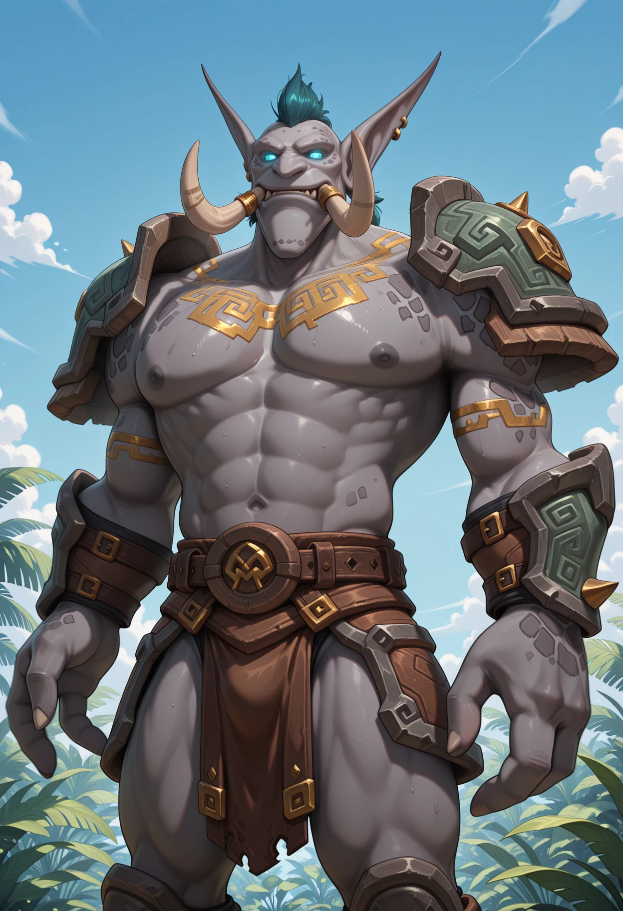 1boys, solo, zandalari, 3 fingers, troll, pointy ears, tusks, glowing eyes, monster boy, grey skin, muscular, big pecs, nipples, broad shoulders, abs, armor, belt, chest tattoo, posing, dynamic pose, jungle, blue sky,
perfect anatomy, masterpiece, perfect quality, best quality, detailed, newest, very aesthetic
<lora:Illustrious\ZandalariTroll_WoW_V1_ILXL:1.0>
<lora:Illustrious\Details\illustriousXL_stabilizer_v1:0.5>