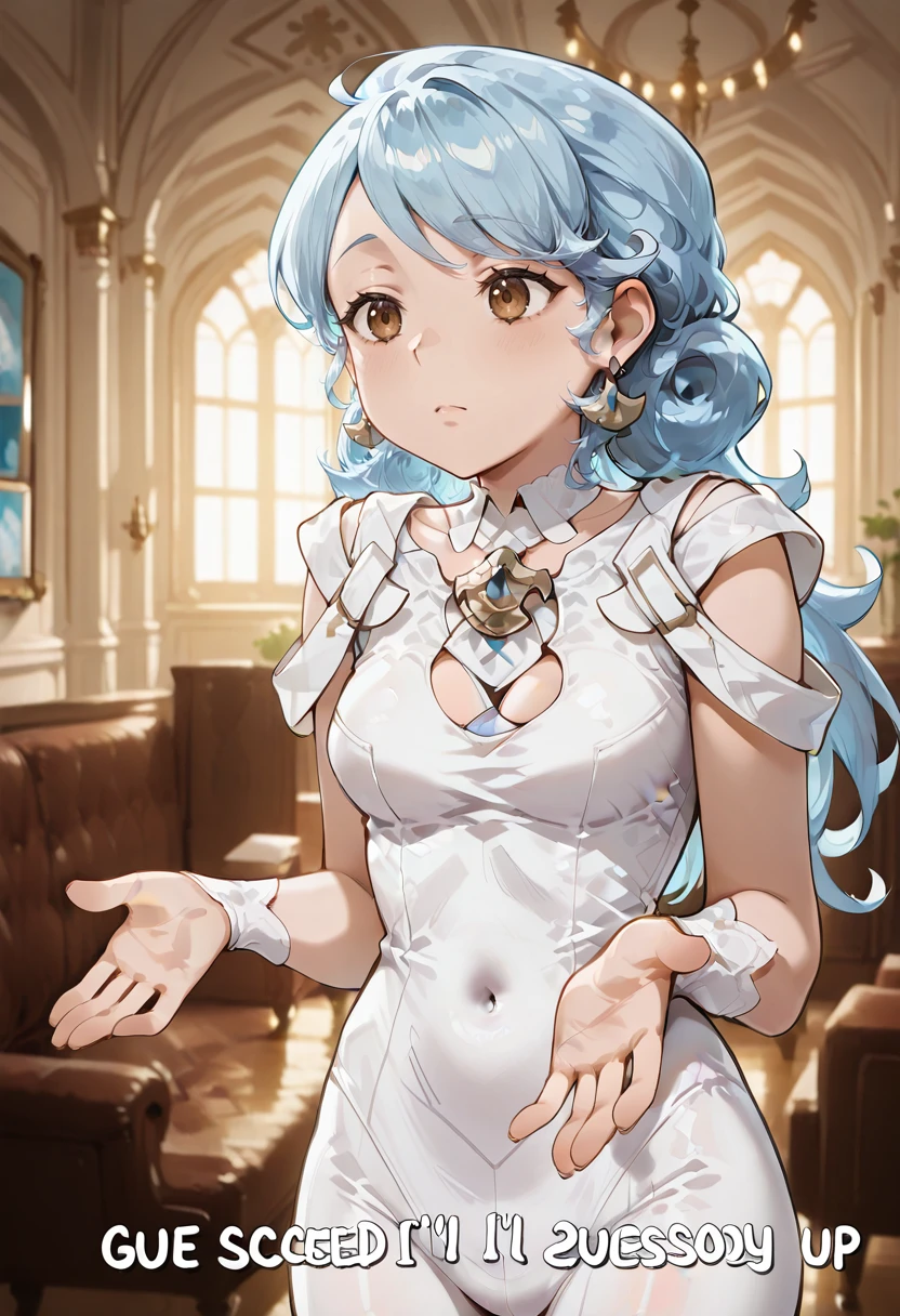 <lora:aisling duval illustrious v1.0:1> aisling duval, long light blue hair, brown eyes, brooch, jewelry, <lora:Gues-Ill-Die-IL.V1.0:1> Gues-I'll-Die-IL.V1.0-Wth-text, text, English text, Gues I'll Die, Gues I'll Die text,, score_9, score_8_up, score_7_up, score_6_up, score_9, score_8_up, score_7_up,source_anime, 2d, manga, masterpiece, best quality, amazing quality, very aesthetic, absurdres, newest,, indoor, inside, western decoration, lounge