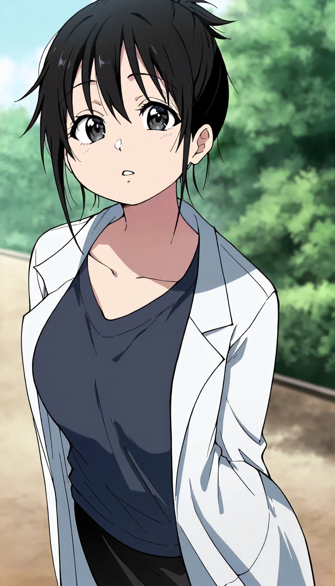 <lora:JD_sayoXLIllustrious001>,
masterpiece,best quality,good quality,newest,
outdoors,day,
parted lips,
looking at viewer,
solo,
anime coloring,
sayo\(jamidokku!\),1girl,black hair,hair up,black eyes,
lab coat,t-shirt,
black skirt,