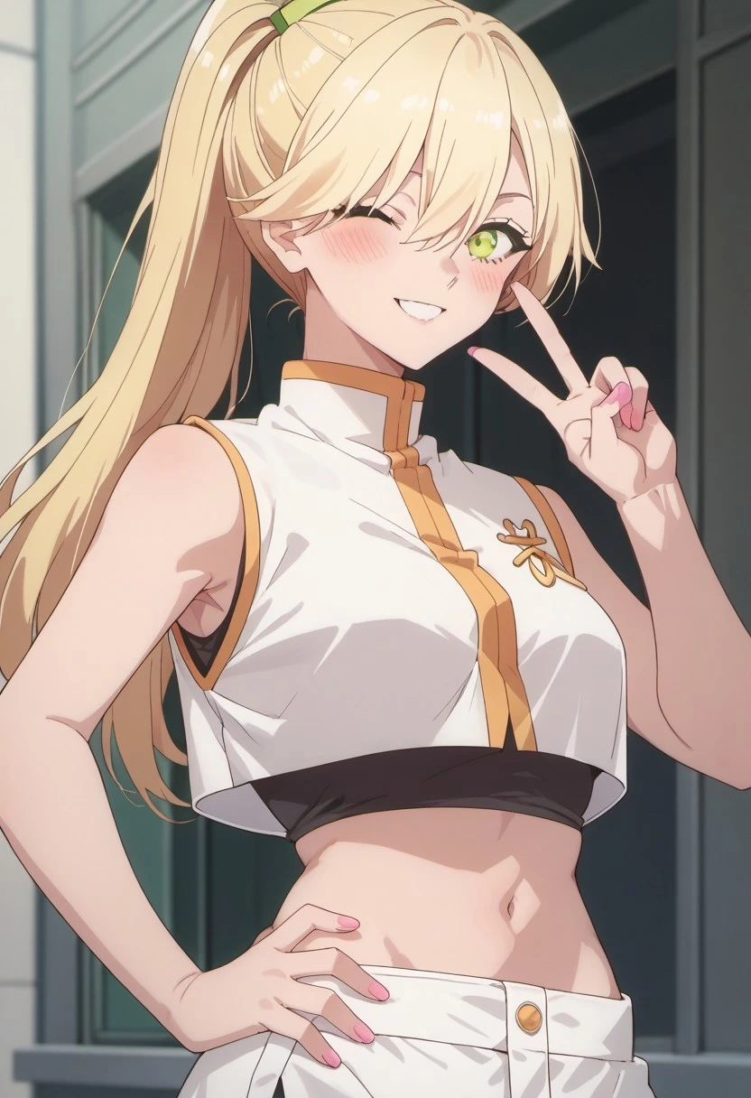 score_9, score_8_up, score_7_up, source_anime, kisaki aria, blonde hair, long hair, green eyes, 1girl, one eye closed, solo, navel, v, ponytail, smile, crop top, hand on hip, midriff, looking at viewer, pink nails, blush, sleeveless