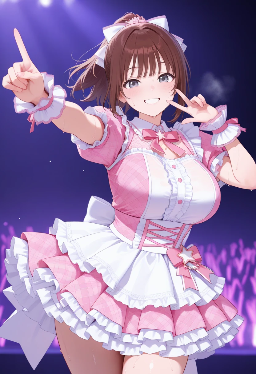 masterpiece,best quality,amazing quality, very aesthetic, ((outlined outlined vector graphics)), cute face, (glow eyes:0.5) , looking at viewer, cowboy shot,
1girl,20yo, brown hair, gray eyes, (large breast:1), (ponytail:1.1), medium hair,(curvy:1.1),bangs,
pink clothes, (focus female), smile,action pose , (clothed:1.1),
idol, idol outfit, japanese-idol-outfit, clothed, frilled dress,, idol stage, , open eyes , sweat,
, <lora:idol-outfit-il-20:1.0>