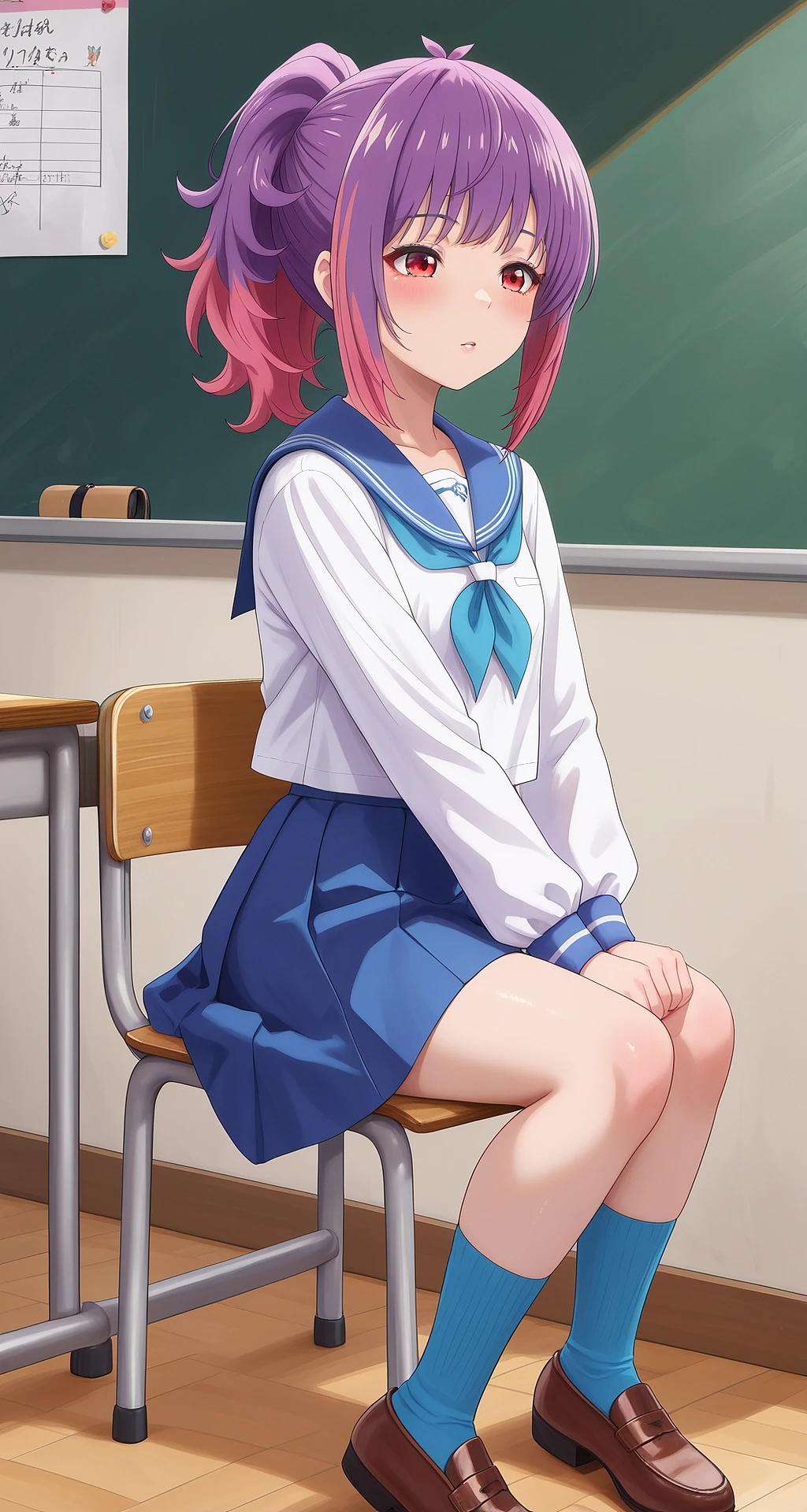 kurage_aoba, ponytail, haribangs, two-tone hair, purple hair, pink hair, red eyes, small breast,
school uniform, white shirt, long sleeves, sailor collar, blue sailor collar, skirt, blue skirt, socks, brown shoes,
a girl sitting on a chair in her classroom,
masterpiece, best quality, amazing quality, very aesthetic, absurdres, newest, colorful, realistic