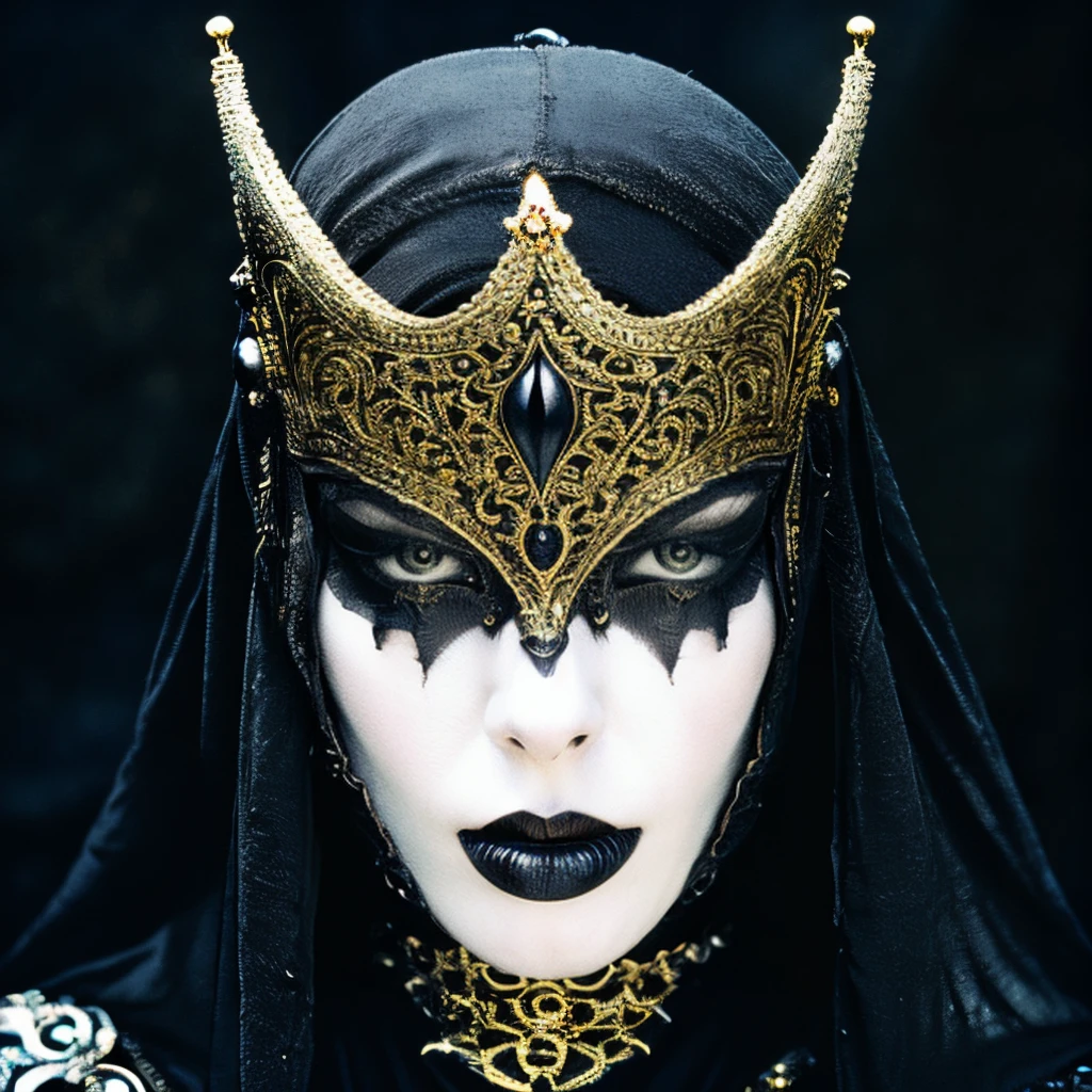 <lora:GothicDarkFantasyMovie:1> ArsMovieStill, Gothic Dark Fantasy movie still, The image is a close-up portrait of a woman's face and upper body. She is wearing a black and gold mask with intricate designs and patterns. The mask is made of a dark material possibly leather or metal and has a large ornate crown-like design on top. The crown is intricately designed with a large eye in the center and two pointed horns on either side. The woman's eyes are dark and dramatic with dark eyeliner and mascara on her lips. She has long dark hair that is pulled back in a sleek straight style. Her face is painted white with a hint of black lipstick on her cheeks and nose. The background is dark and out of focus making the mask stand out even more. The overall mood of the image is dark mysterious and edgy., 1girl, solo, looking at viewer, yellow eyes, portrait, black lips, black background, pale skin, black hair, simple background