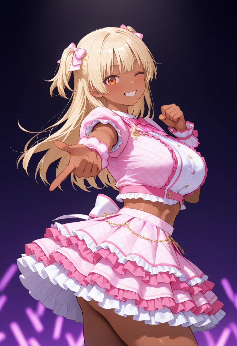 masterpiece,best quality,amazing quality, very aesthetic, ((outlined outlined vector graphics)), cute face, (glow eyes:0.5) , side view , looking at viewer , cowboy shot,
1girl,20yo, (large breast:1.2), orange eyes, (blonde hair:1.3),long hair, (two side up:1.1), (dark skin:1.6), dark skin girl, (tall:1.2), (abs:0.7),bangs,
pink clothes, (focus female), happy ,action pose , (clothed:1.1),
idol, idol outfit, japanese-idol-outfit, clothed, frilled dress,, idol stage, ,wink, ,
, <lora:idol-outfit-il-20:1.0>